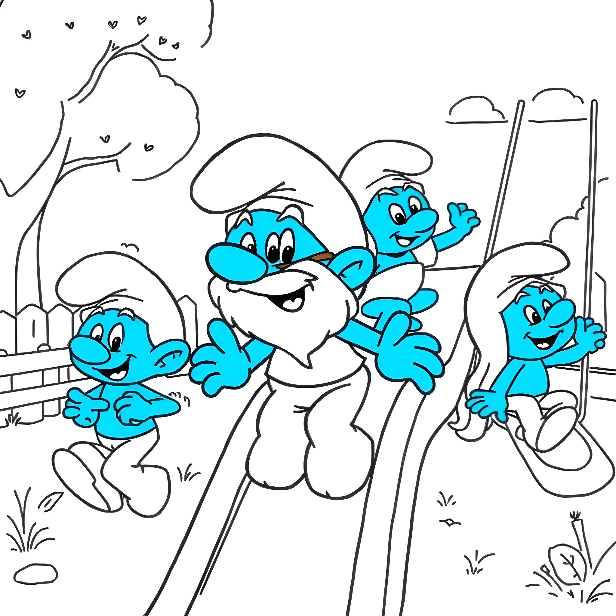 Smurf characters playing and waving happily Coloring Page (free black-and-white line drawing printable PDF for all, from beginners to advanced learners, including children, teens, adults, and seniors)
