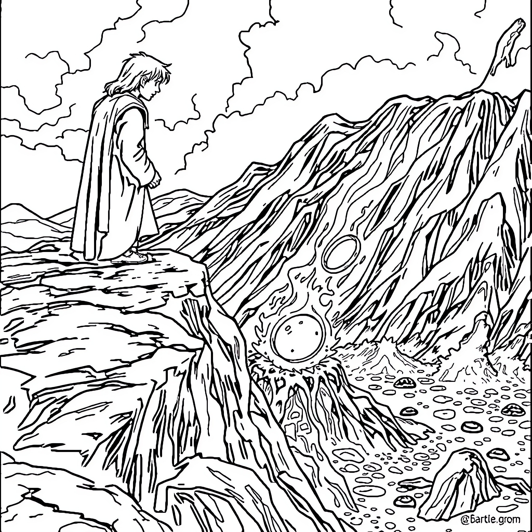 Frodo overlooking the vast Middle-earth landscape Coloring Page (free black-and-white line drawing printable PDF for all, from beginners to advanced learners, including children, teens, adults, and seniors)