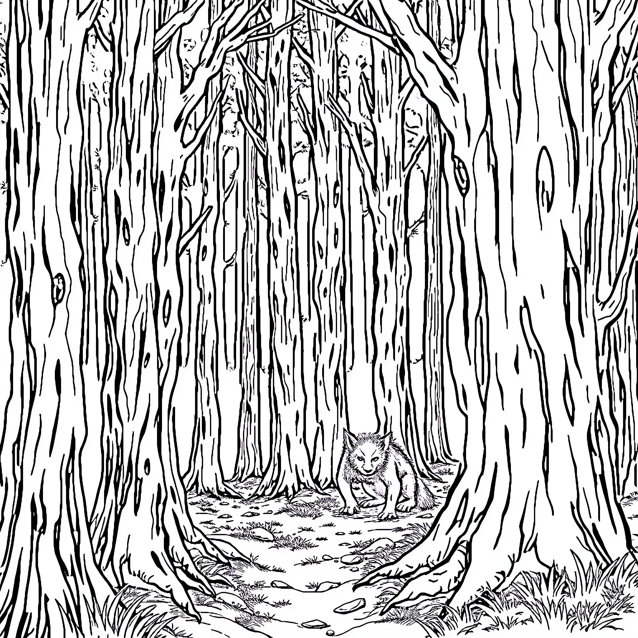 Werewolf hunting in the mystical forest Coloring Page (free black-and-white line drawing printable PDF for all, from beginners to advanced learners, including children, teens, adults, and seniors)