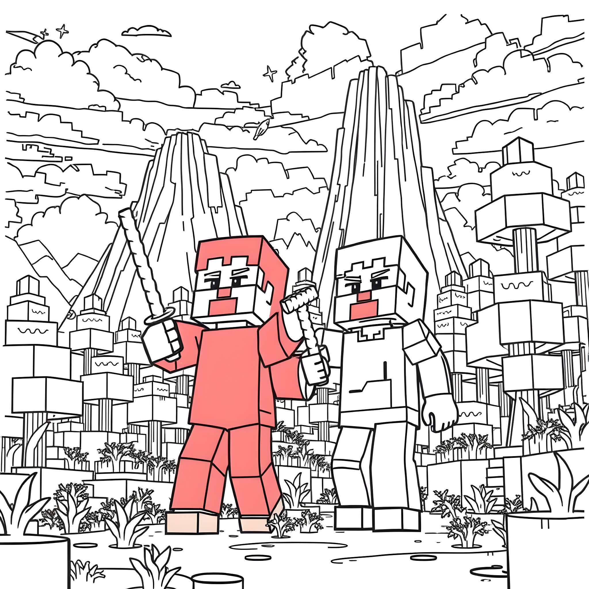 Brothers exploring the fantastical cityscape Coloring Page (free black-and-white line drawing printable PDF for all, from beginners to advanced learners, including children, teens, adults, and seniors)