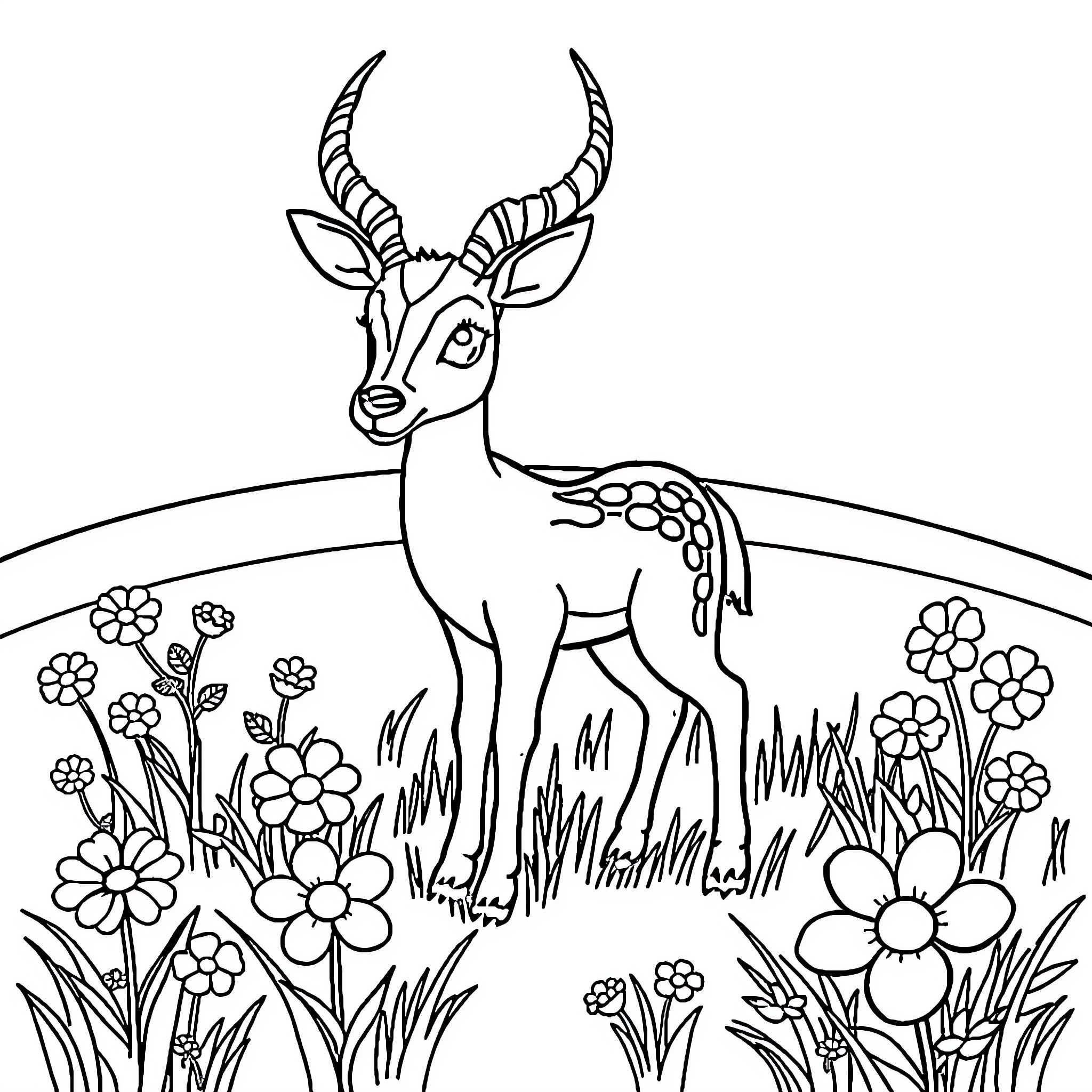 Animal gazelle standing in floral field Coloring Page (free black-and-white line drawing printable PDF for all, from beginners to advanced learners, including children, teens, adults, and seniors)