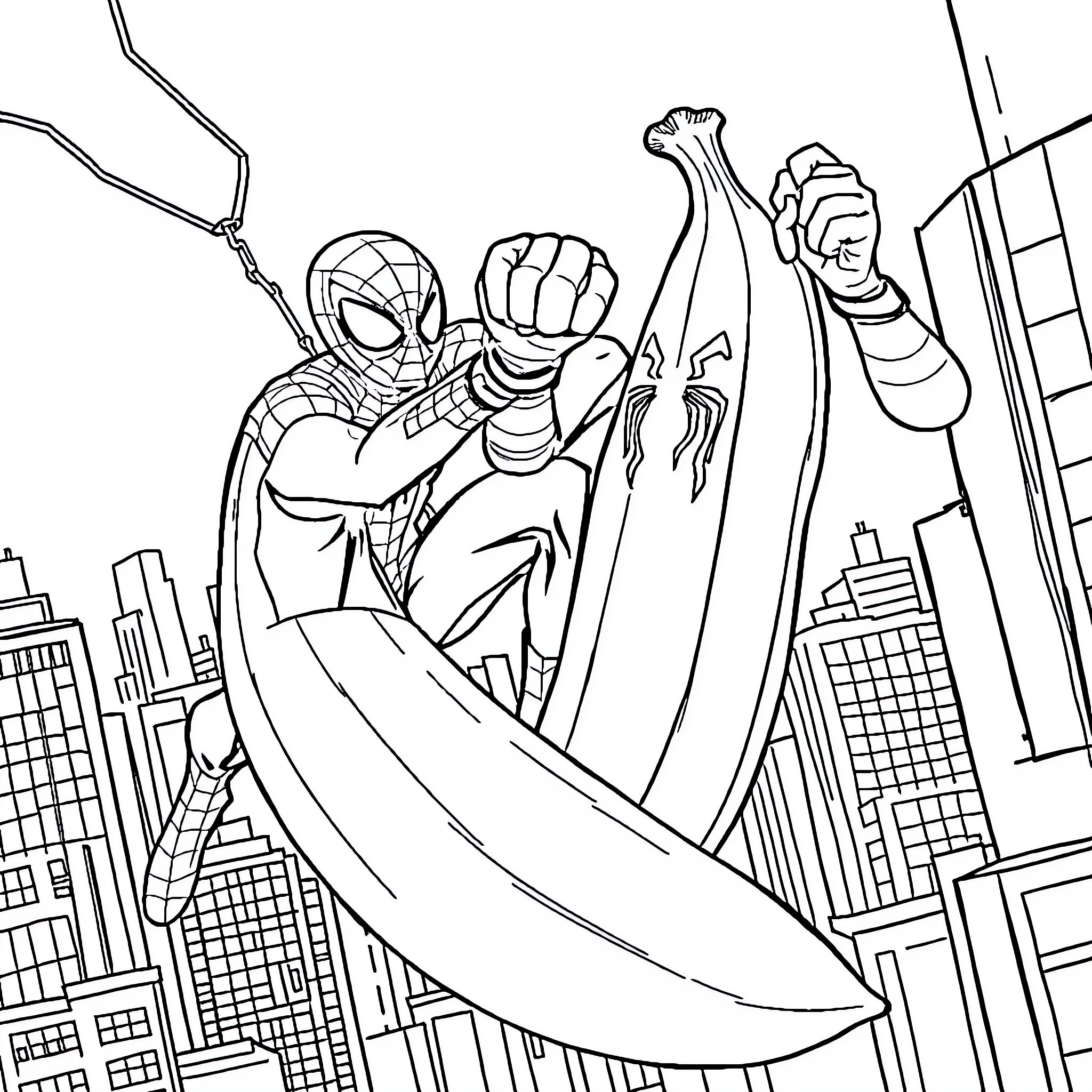 Banana swinging through city as superhero Coloring Page (free black-and-white line drawing printable PDF for all, from beginners to advanced learners, including children, teens, adults, and seniors)