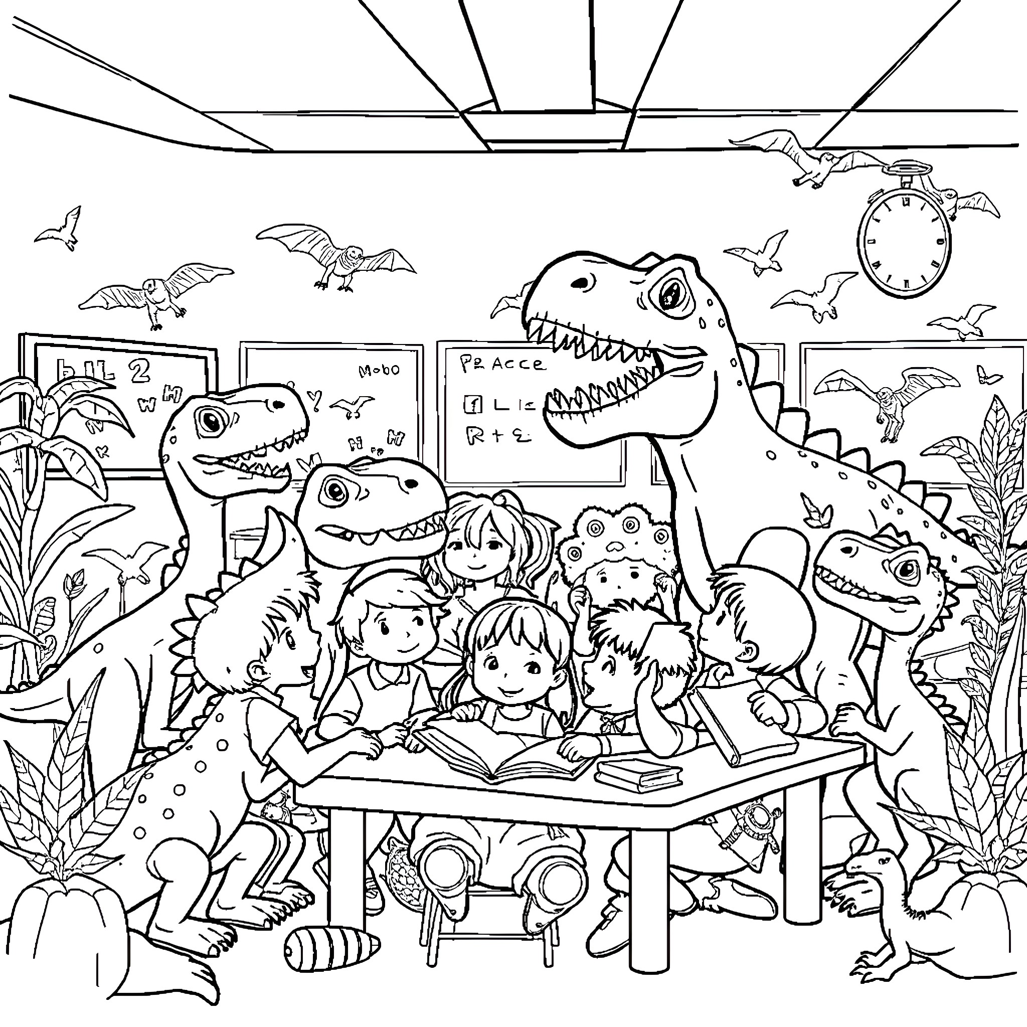 Dinosaur students learning in a classroom Coloring Page (free black-and-white line drawing printable PDF for all, from beginners to advanced learners, including children, teens, adults, and seniors)