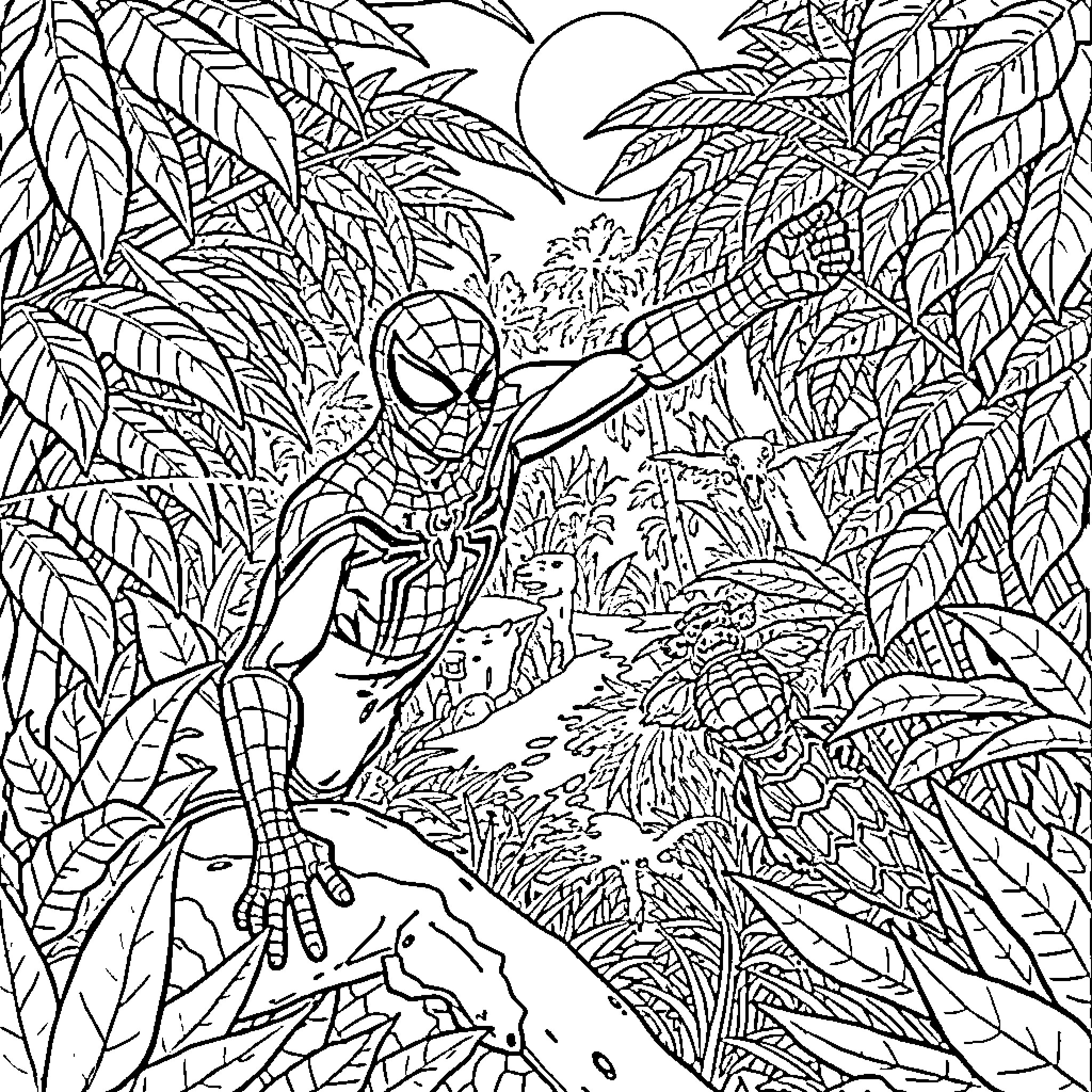 Spider-Man explores the jungle landscape Coloring Page (free black-and-white line drawing printable PDF for all, from beginners to advanced learners, including children, teens, adults, and seniors)