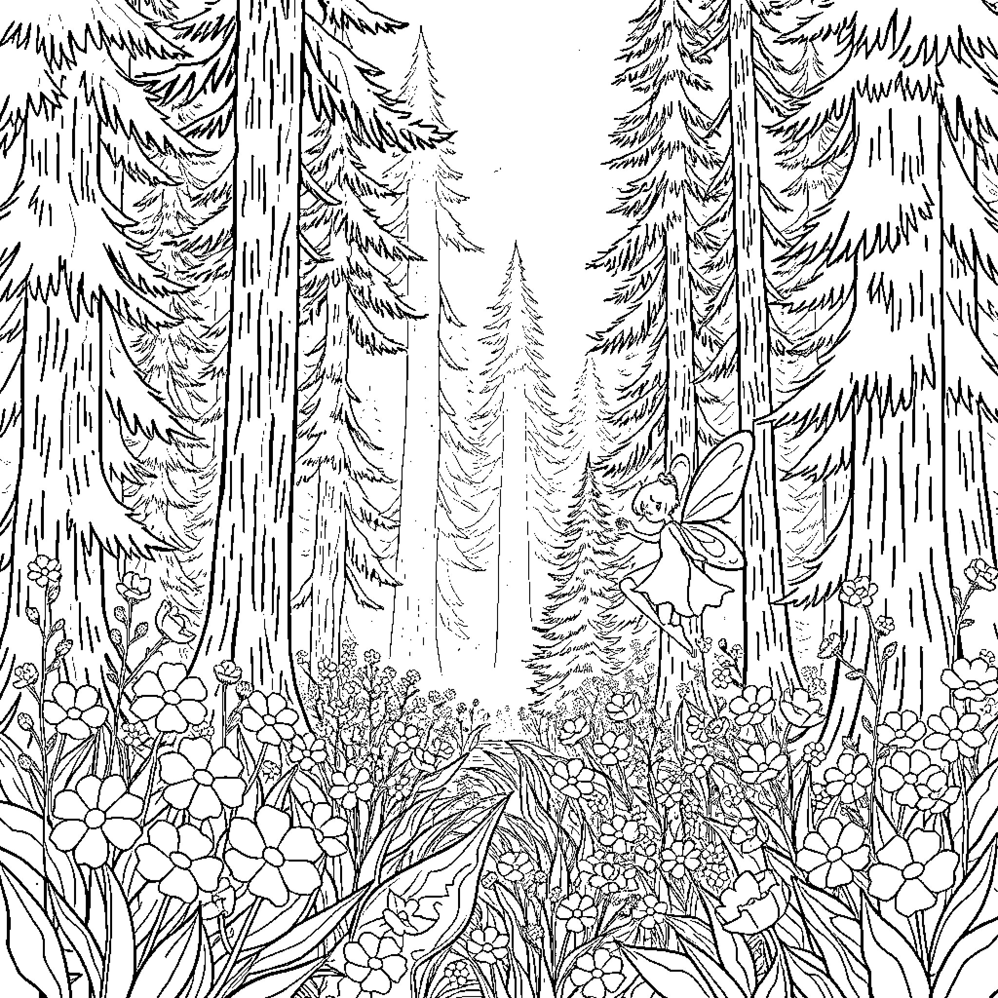 Fairy forest with whimsical flora and fauna Coloring Page (free black-and-white line drawing printable PDF for all, from beginners to advanced learners, including children, teens, adults, and seniors)