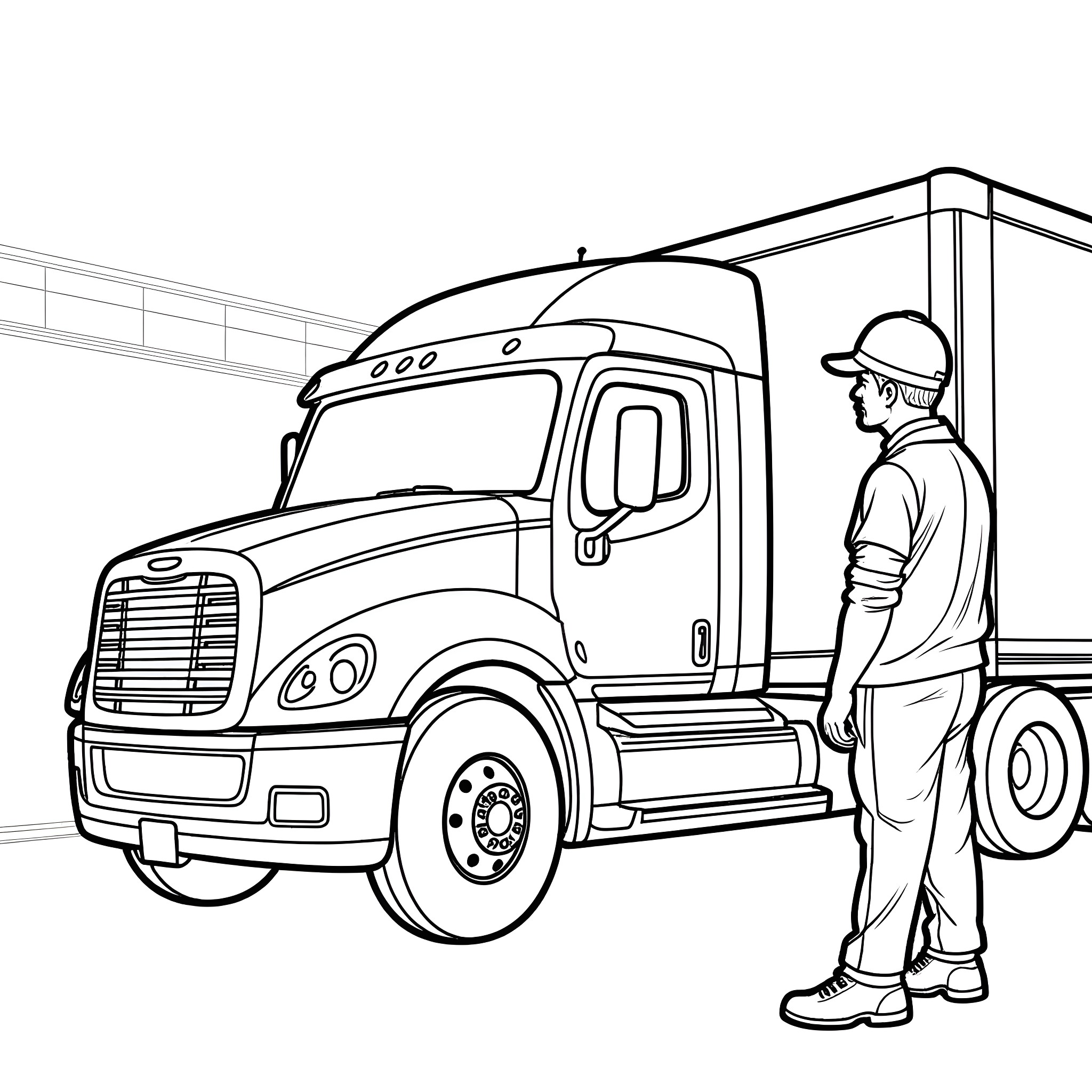 Janitor inspecting a semi-truck at a warehouse Coloring Page (free black-and-white line drawing printable PDF for all, from beginners to advanced learners, including children, teens, adults, and seniors)