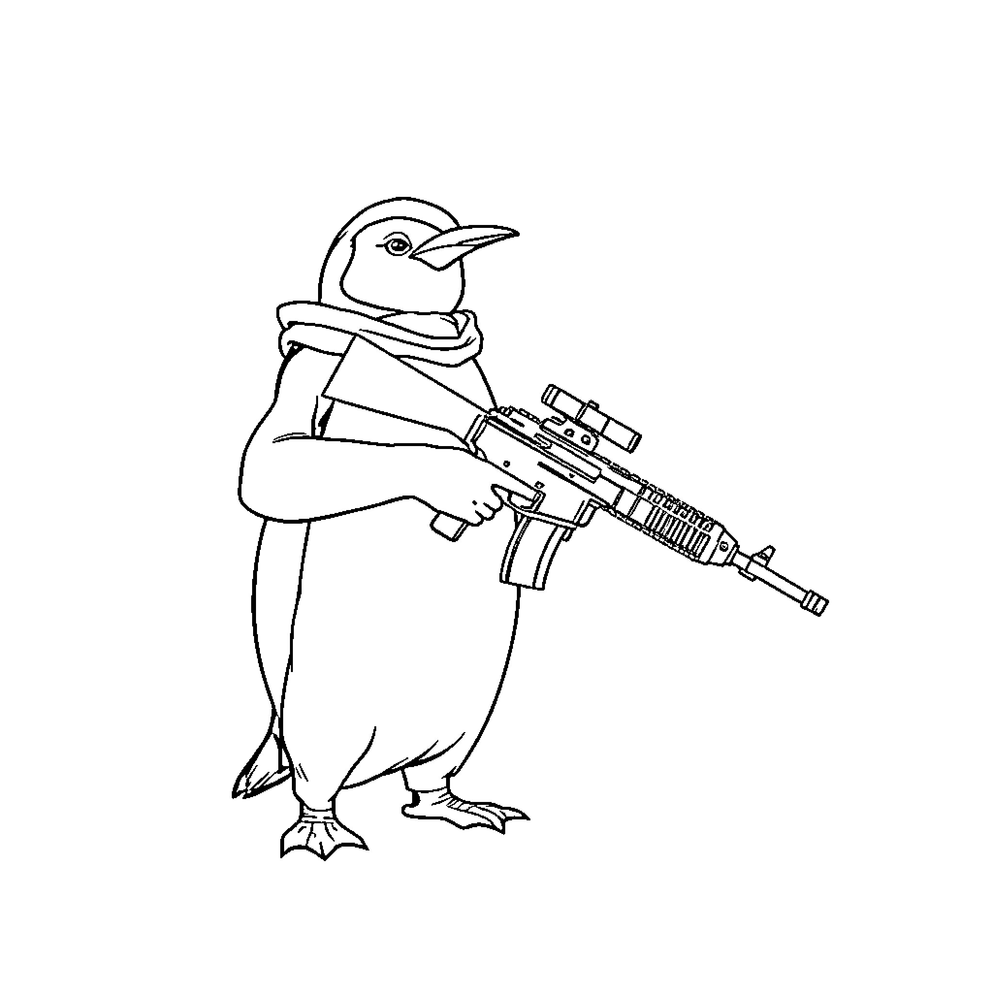 Penguin soldier holding assault rifle Coloring Page (free black-and-white line drawing printable PDF for all, from beginners to advanced learners, including children, teens, adults, and seniors)