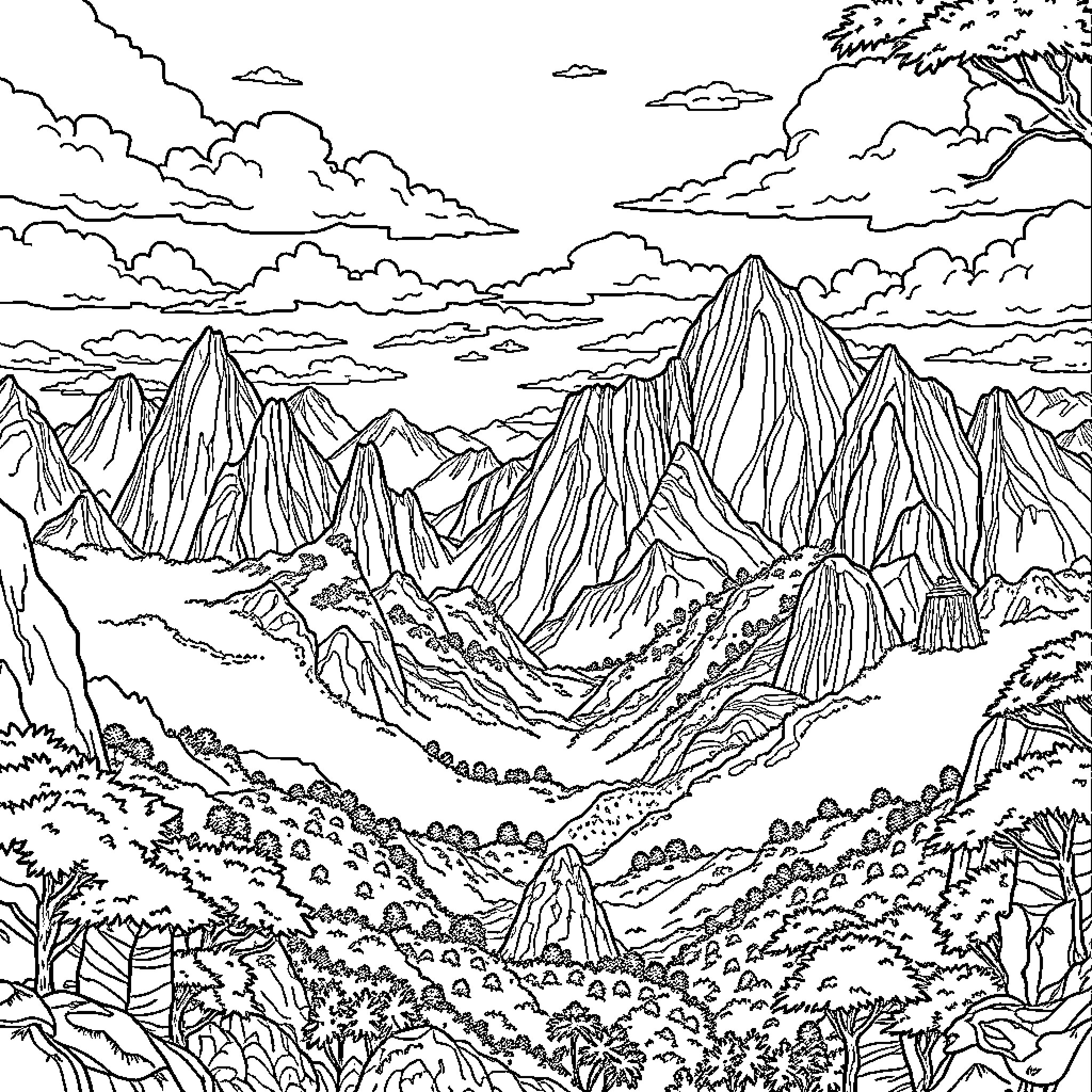 Avatar of a majestic mountain landscape Coloring Page (free black-and-white line drawing printable PDF for all, from beginners to advanced learners, including children, teens, adults, and seniors)
