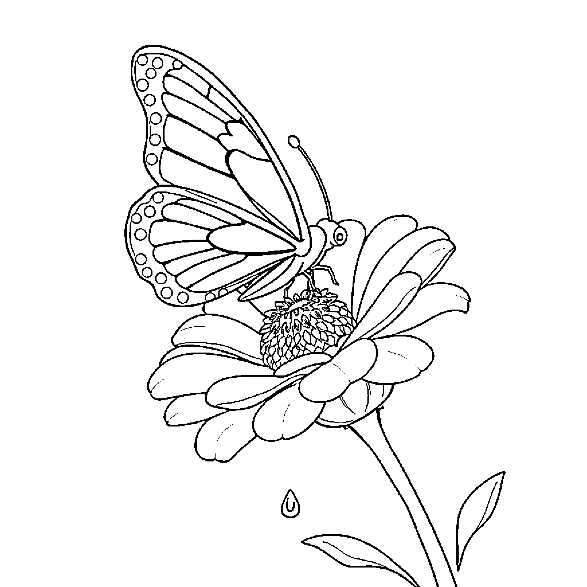 Butterfly resting on a floral blossom Coloring Page (free black-and-white line drawing printable PDF for all, from beginners to advanced learners, including children, teens, adults, and seniors)