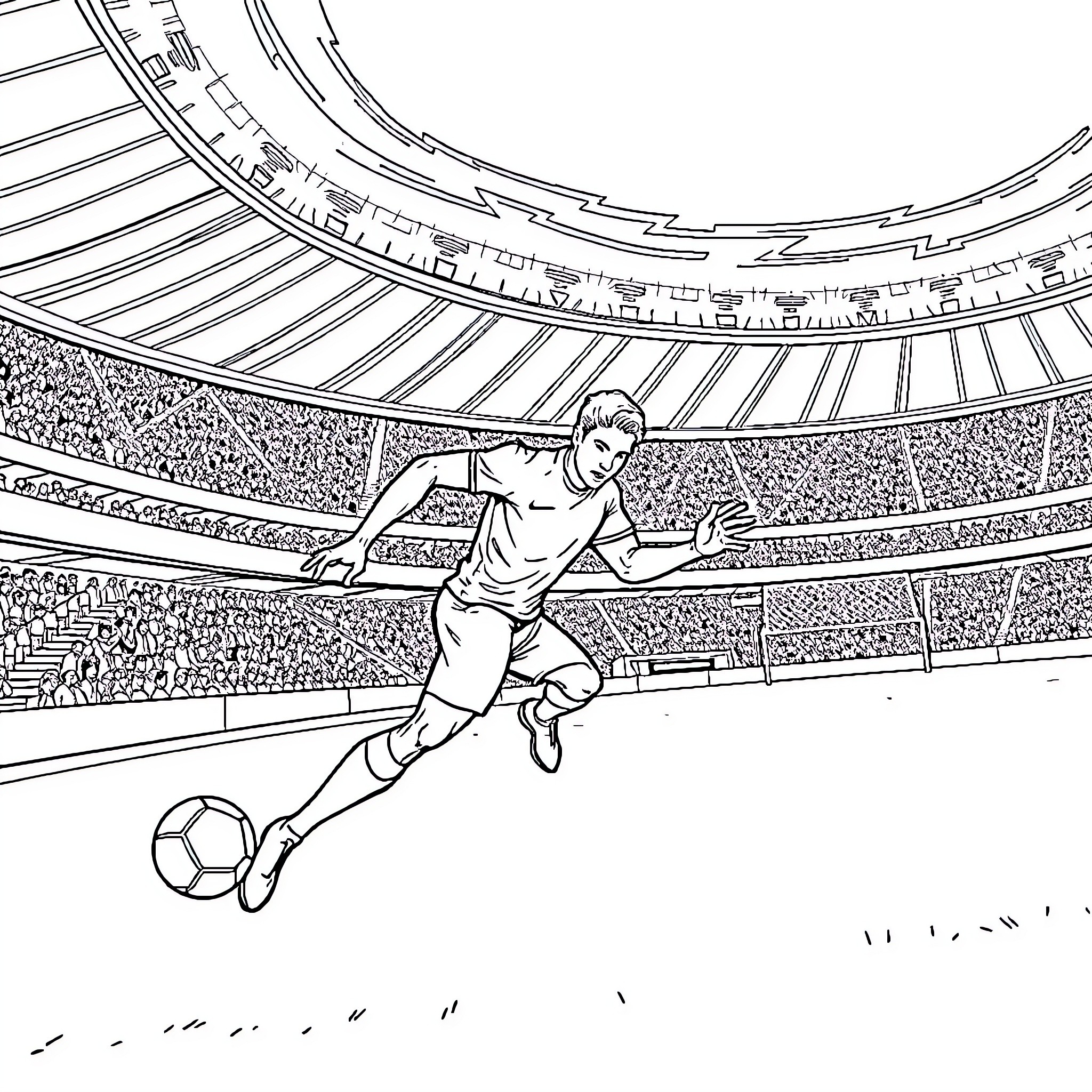 Bolt sprinting on the soccer field in stadium Coloring Page (free black-and-white line drawing printable PDF for all, from beginners to advanced learners, including children, teens, adults, and seniors)