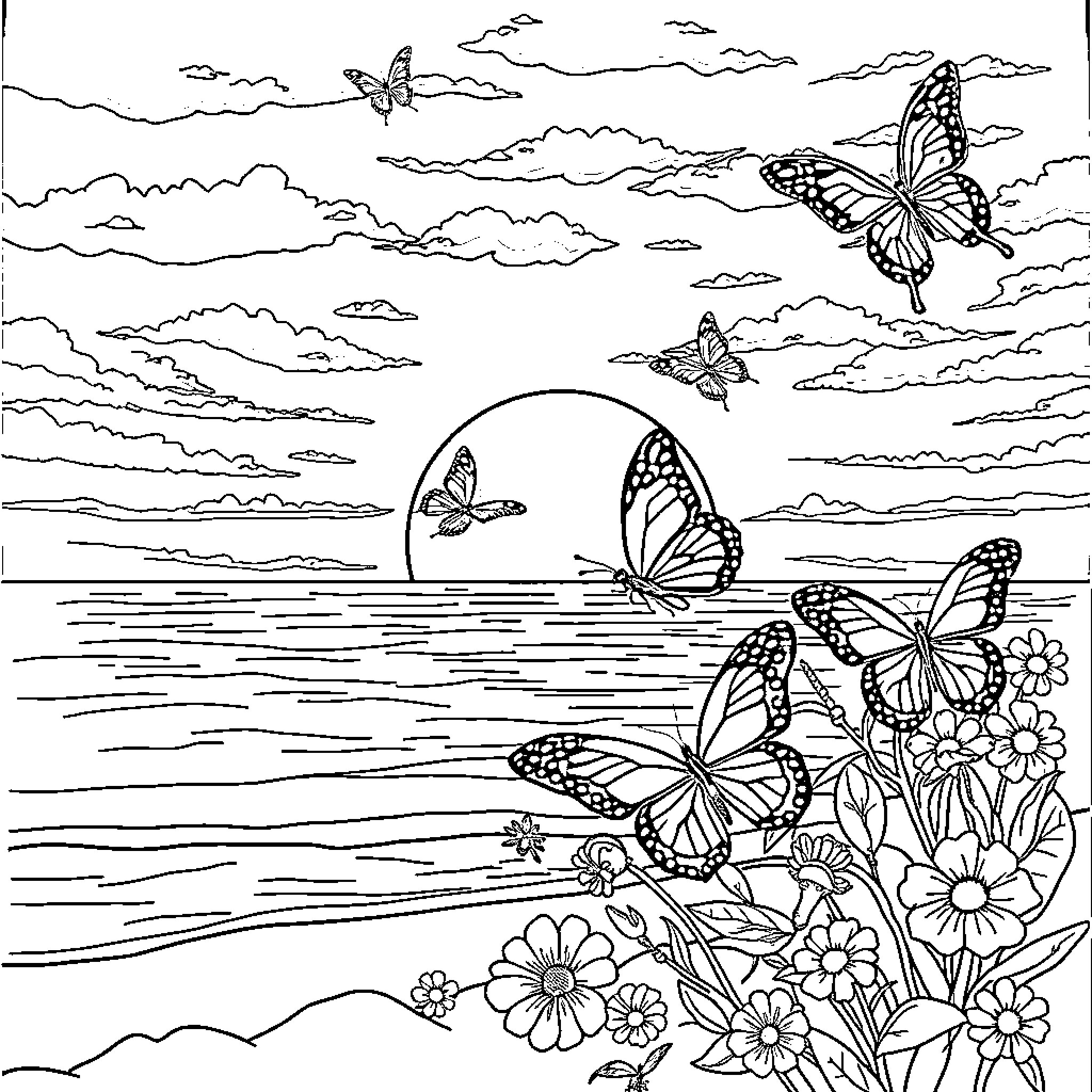 Butterflies Soaring in the Serene Sky Coloring Page (free black-and-white line drawing printable PDF for all, from beginners to advanced learners, including children, teens, adults, and seniors)