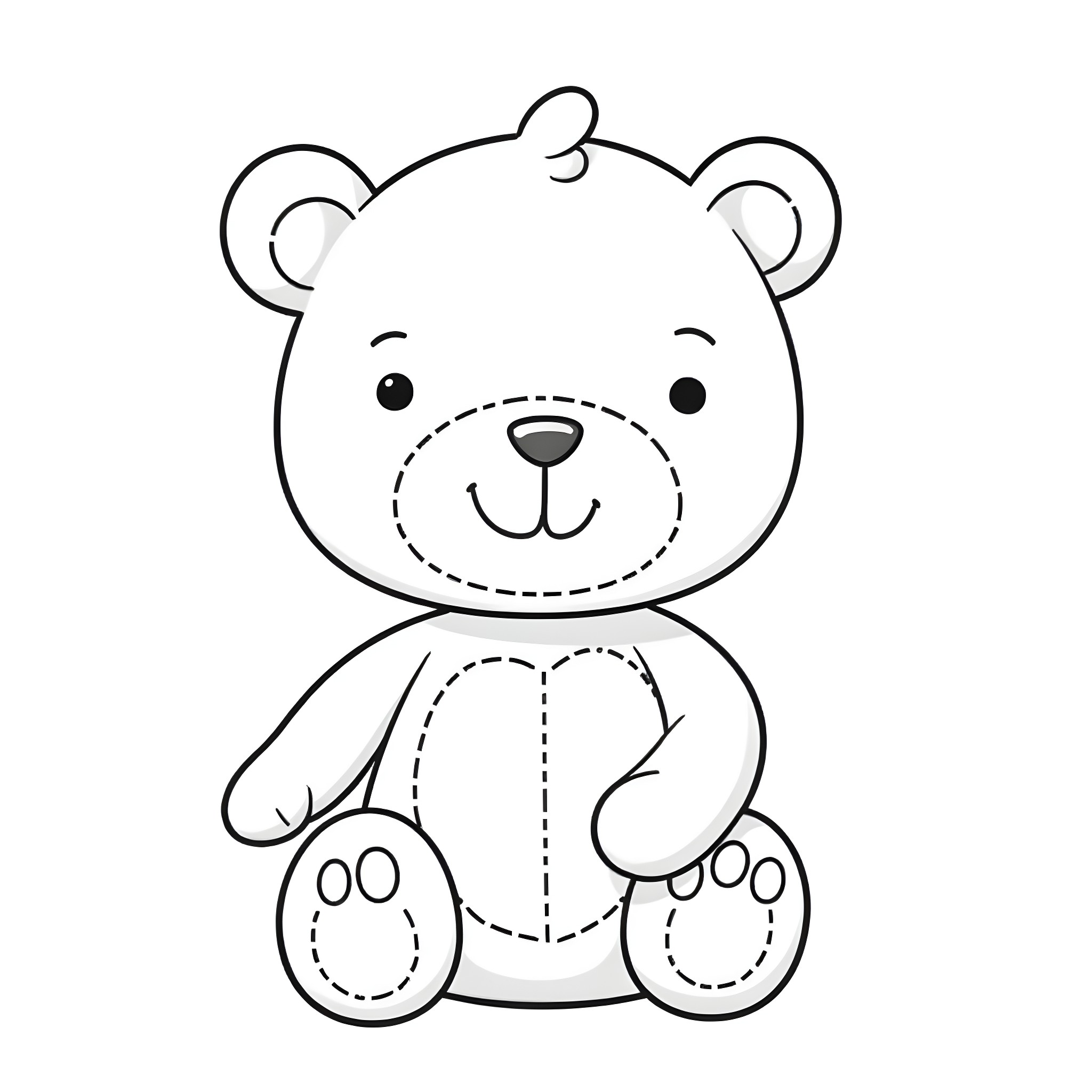 Teddy bear with stitched outline Coloring Page (free black-and-white line drawing printable PDF for all, from beginners to advanced learners, including children, teens, adults, and seniors)