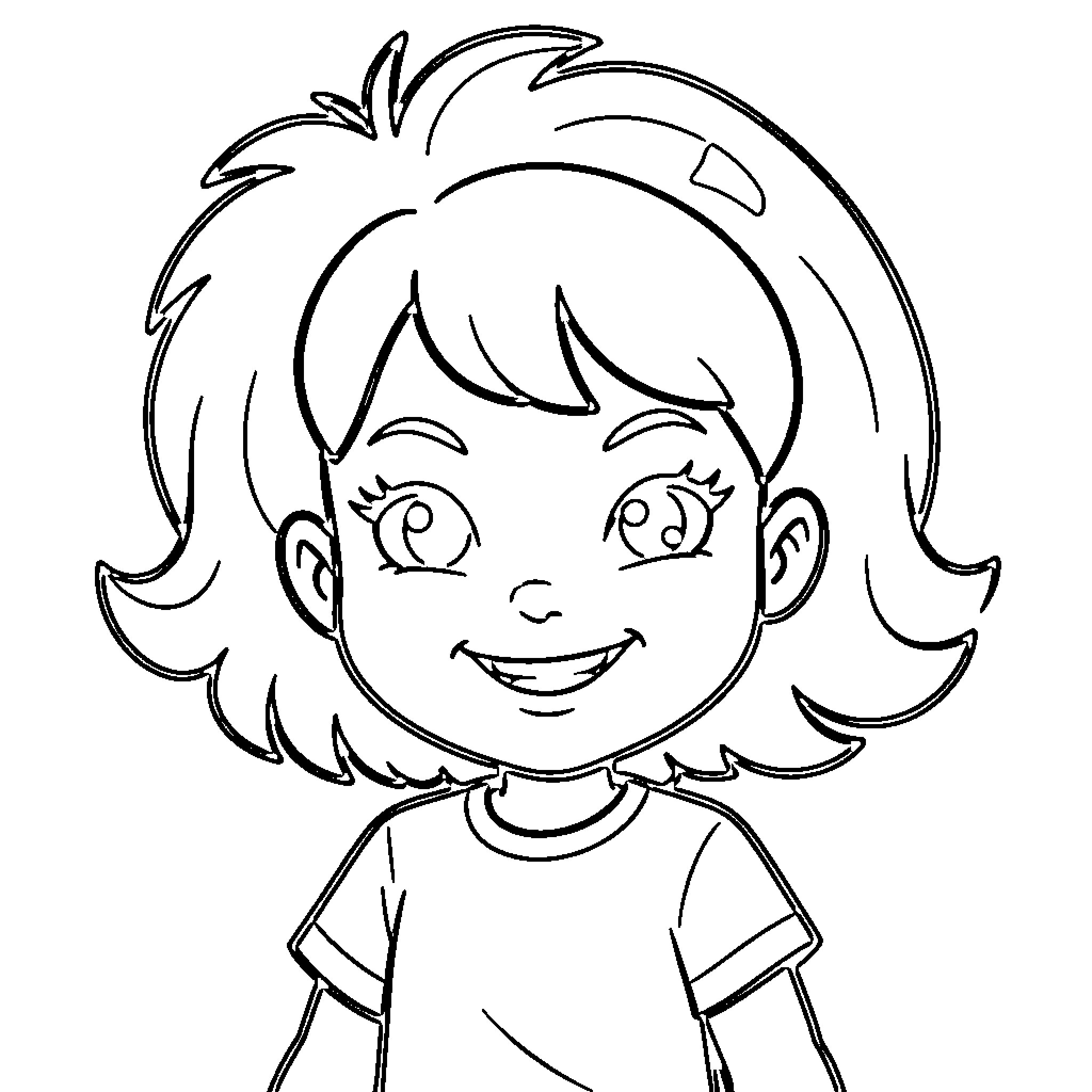 Angelica smiling warmly with short wavy hair Coloring Page (free black-and-white line drawing printable PDF for all, from beginners to advanced learners, including children, teens, adults, and seniors)