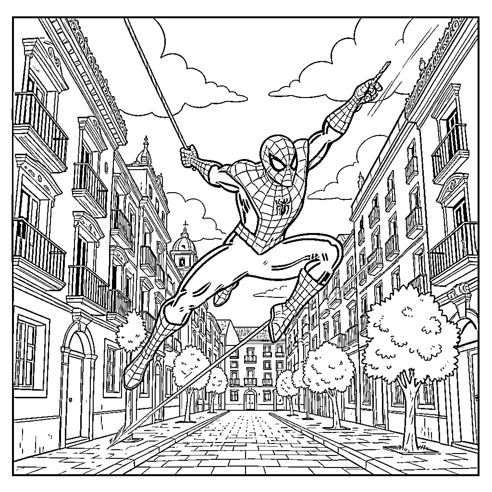 Spiderman swinging through city streets in action pose Coloring Page (free black-and-white line drawing printable PDF for all, from beginners to advanced learners, including children, teens, adults, and seniors)