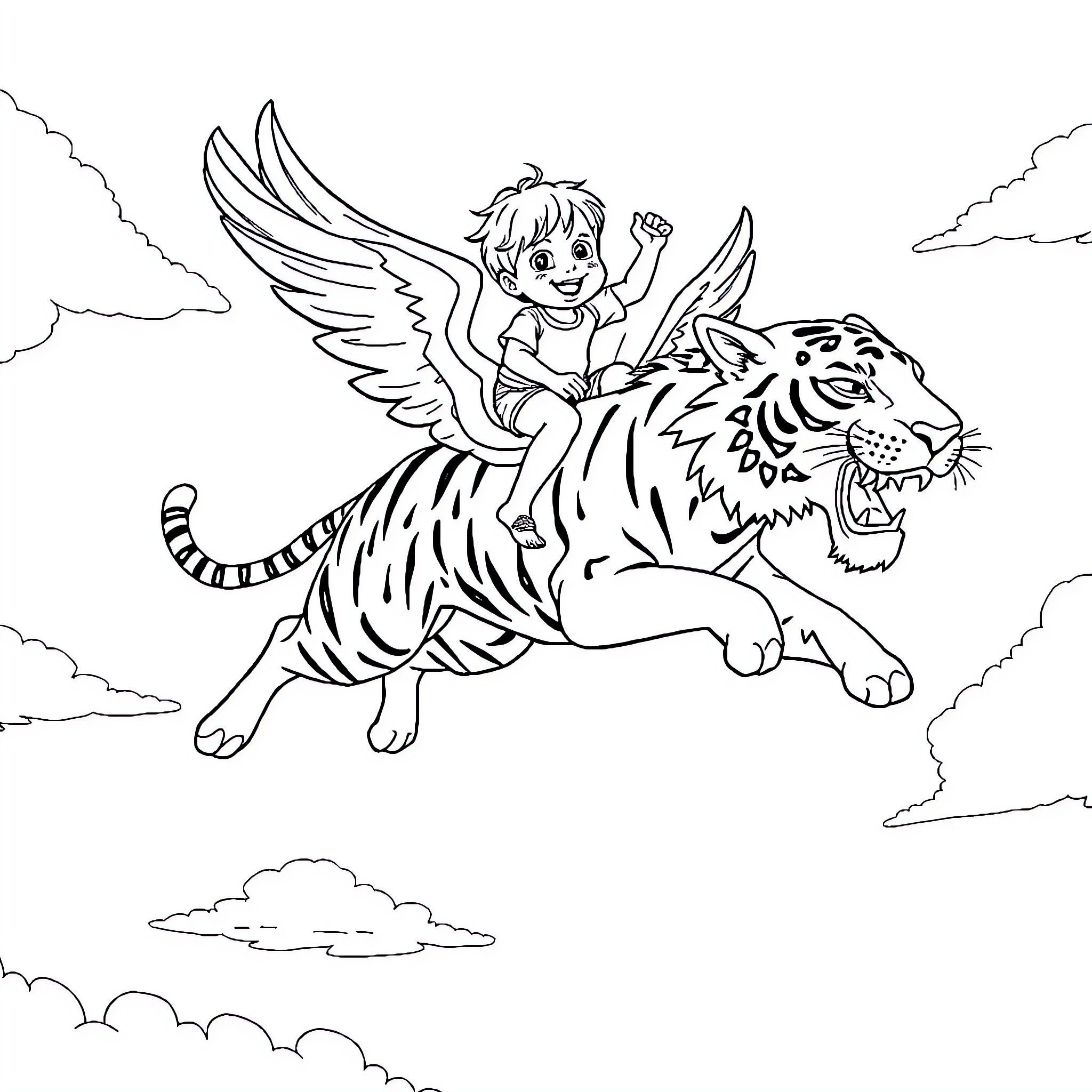 Tiger flying with winged boy in the sky Coloring Page (free black-and-white line drawing printable PDF for all, from beginners to advanced learners, including children, teens, adults, and seniors)