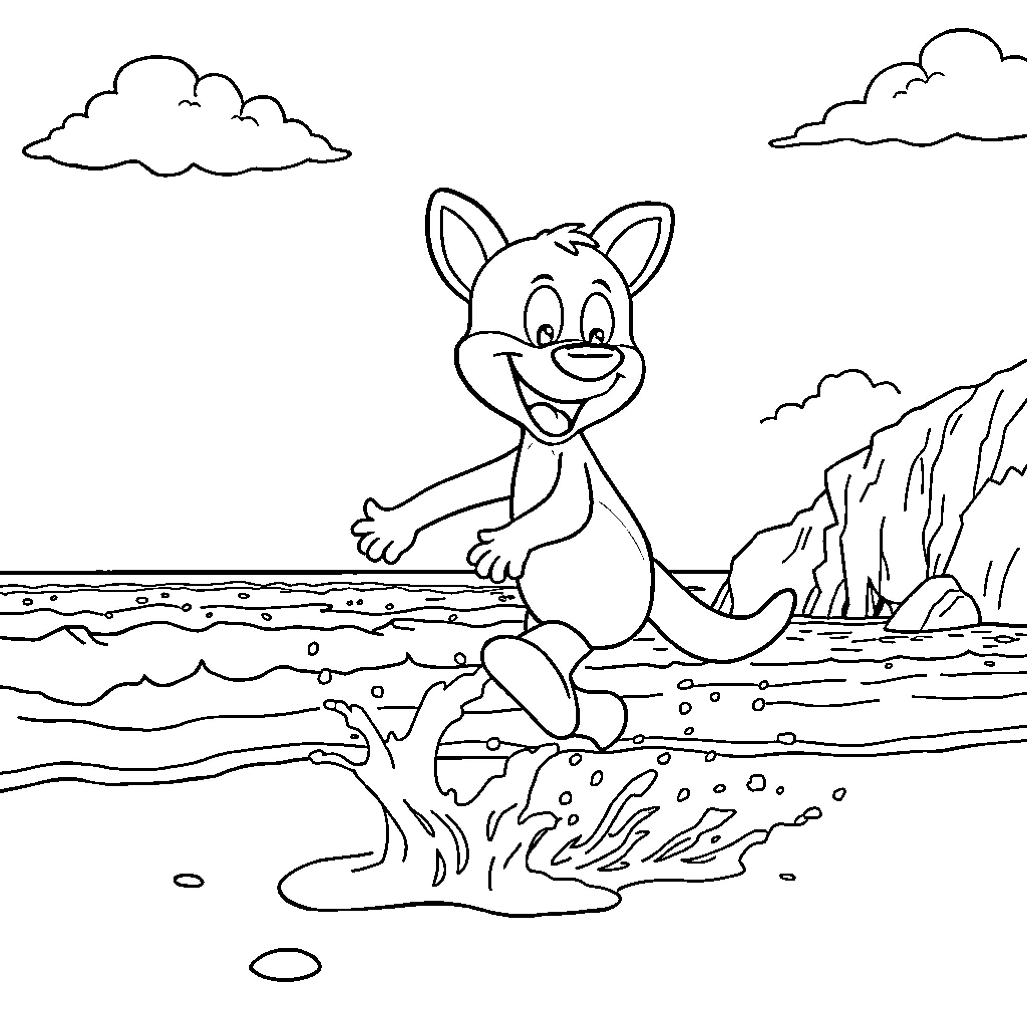 Bluey playing happily by the ocean Coloring Page (free black-and-white line drawing printable PDF for all, from beginners to advanced learners, including children, teens, adults, and seniors)