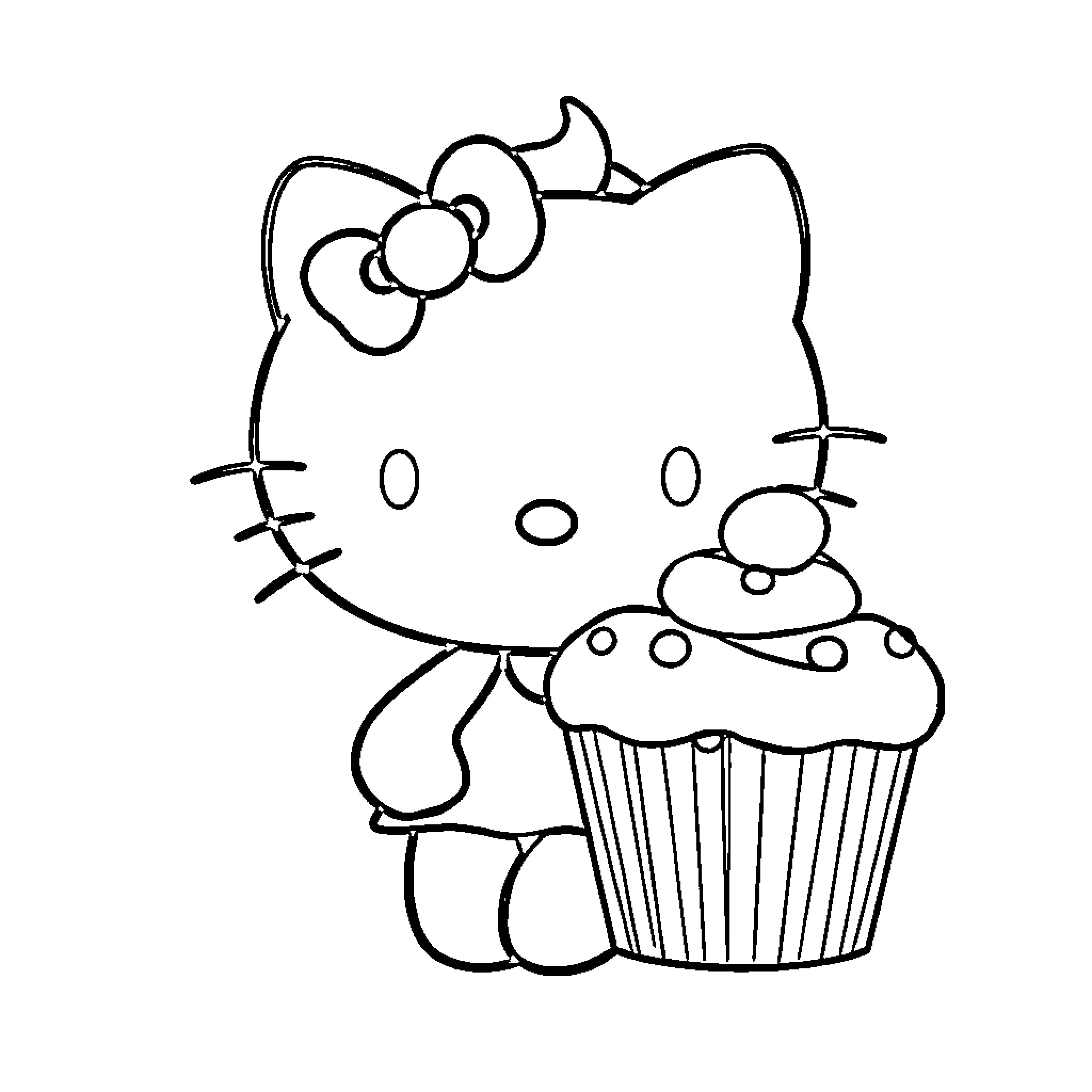 Hello Kitty Enjoying a Tasty Cupcake Coloring Page (free black-and-white line drawing printable PDF for all, from beginners to advanced learners, including children, teens, adults, and seniors)