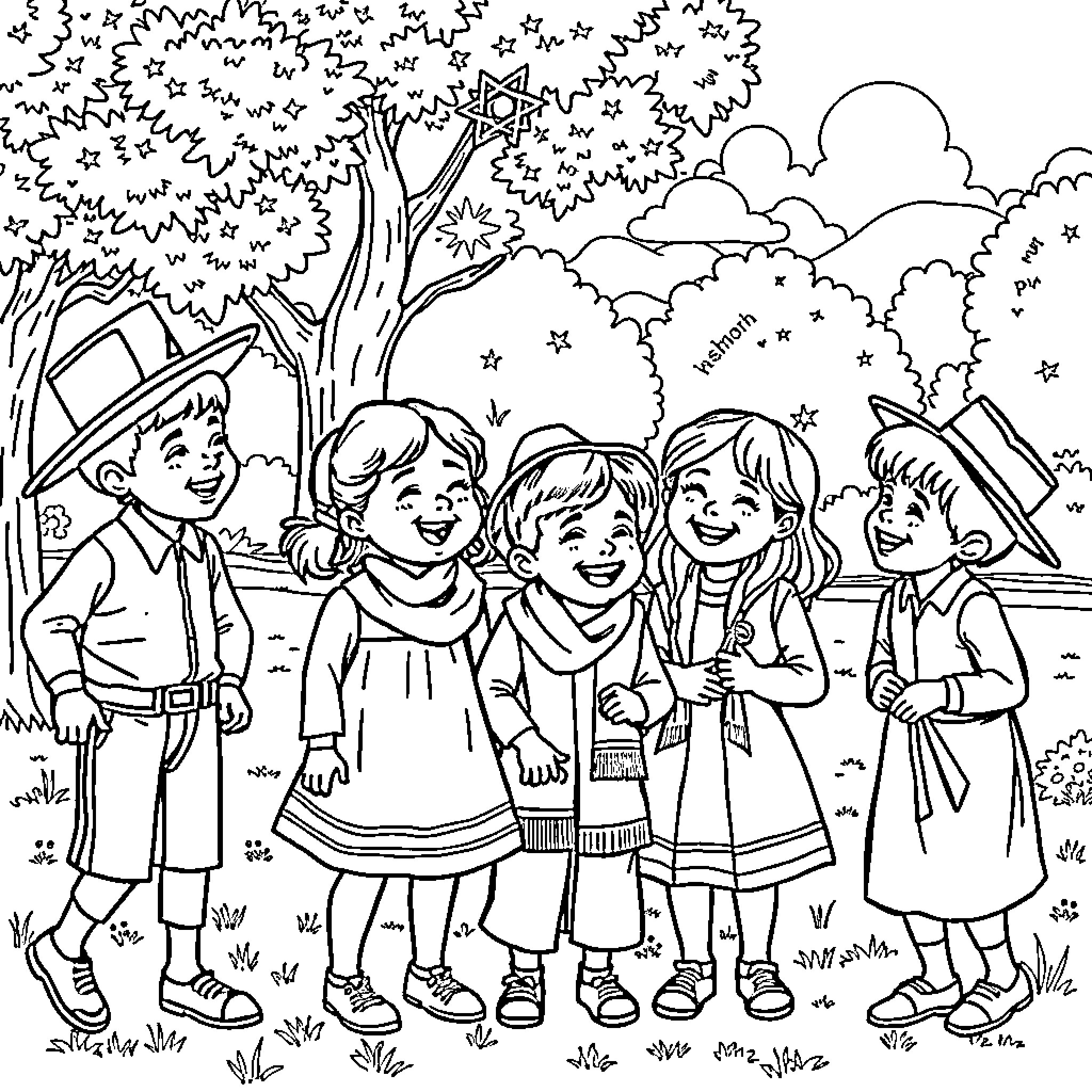 Jewish Kid Friends Enjoying Nature Together Coloring Page (free black-and-white line drawing printable PDF for all, from beginners to advanced learners, including children, teens, adults, and seniors)
