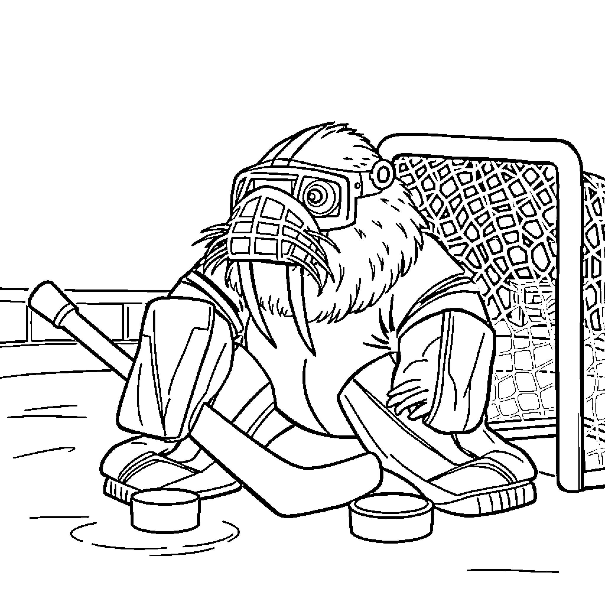 Walrus Goaltender Protecting the Net Coloring Page (free black-and-white line drawing printable PDF for all, from beginners to advanced learners, including children, teens, adults, and seniors)