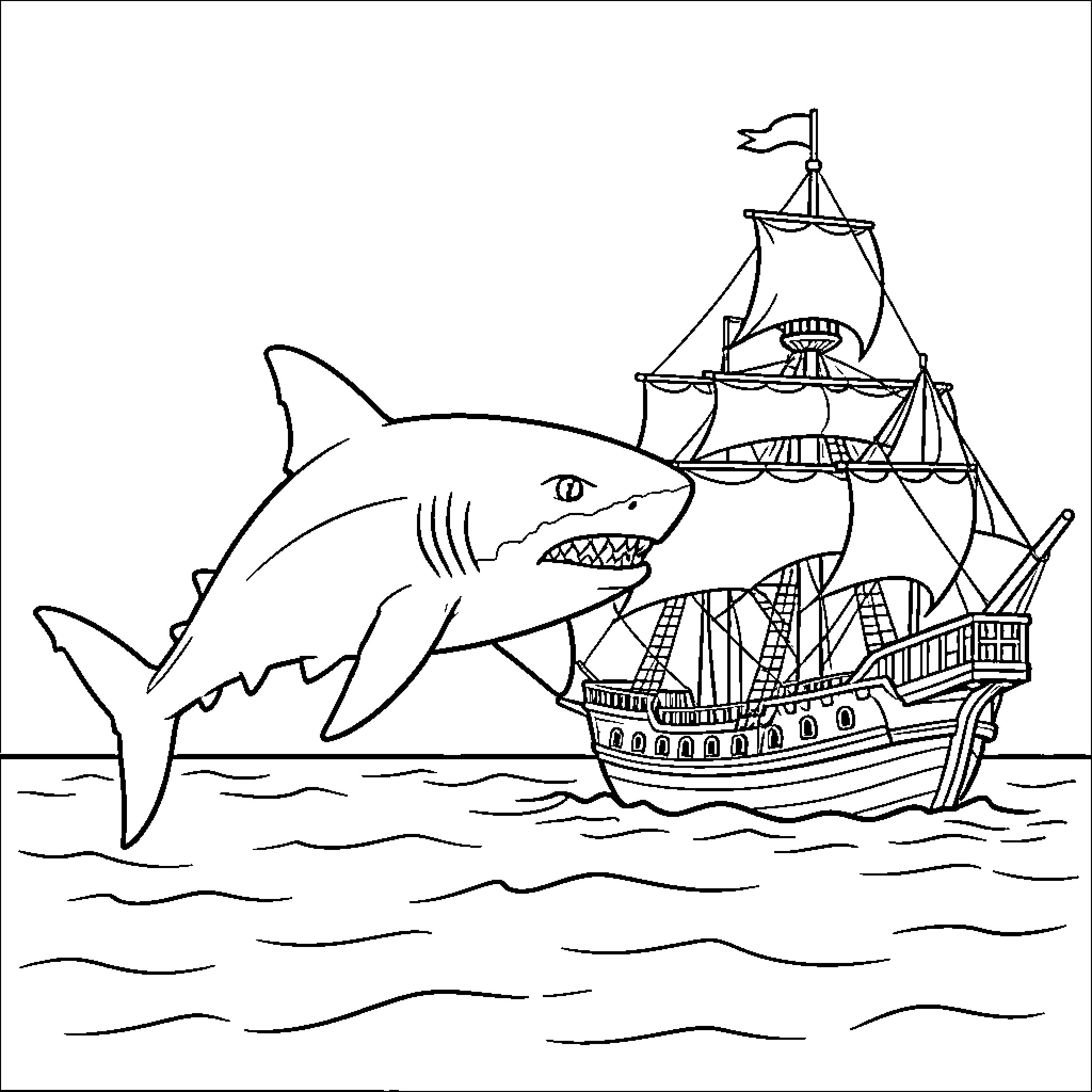 Shark chasing a sailing ship on the open sea Coloring Page (free black-and-white line drawing printable PDF for all, from beginners to advanced learners, including children, teens, adults, and seniors)