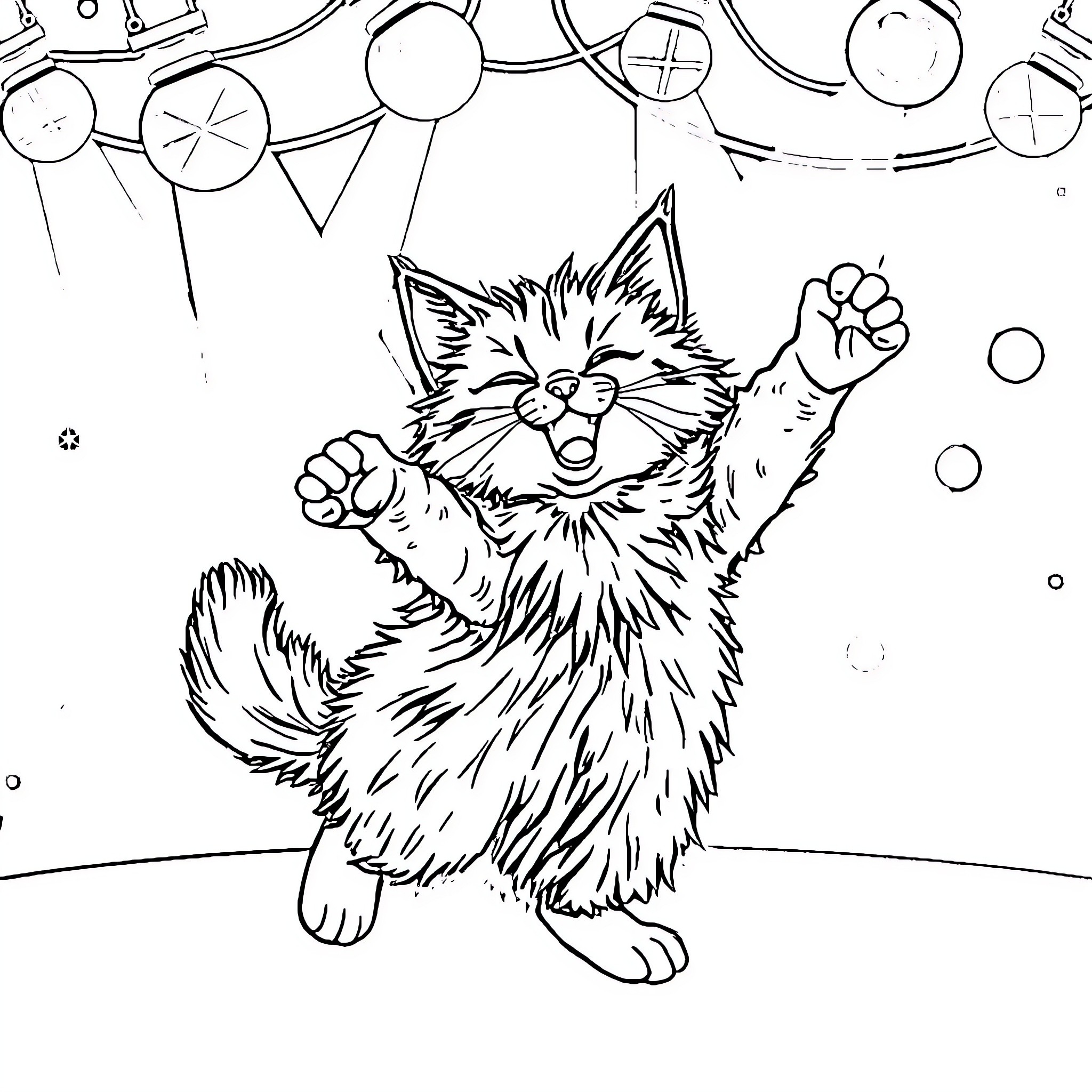 Cat playing with balls in playful environment Coloring Page (free black-and-white line drawing printable PDF for all, from beginners to advanced learners, including children, teens, adults, and seniors)