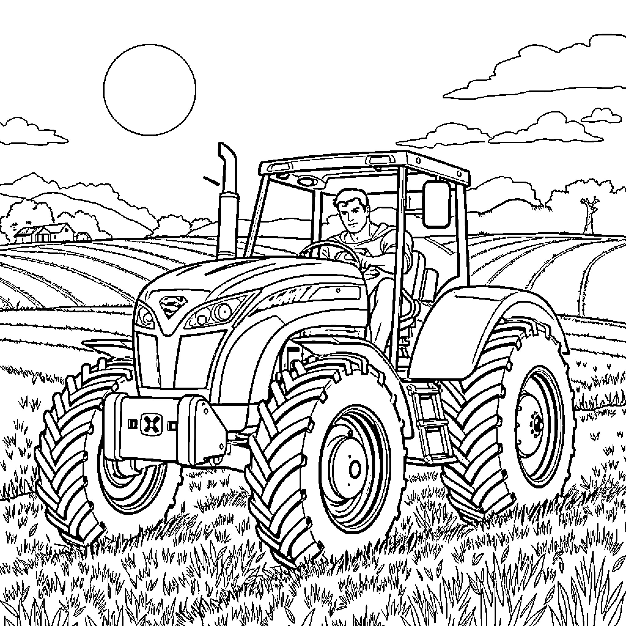Superman operating a tractor in a rural landscape Coloring Page (free black-and-white line drawing printable PDF for all, from beginners to advanced learners, including children, teens, adults, and seniors)