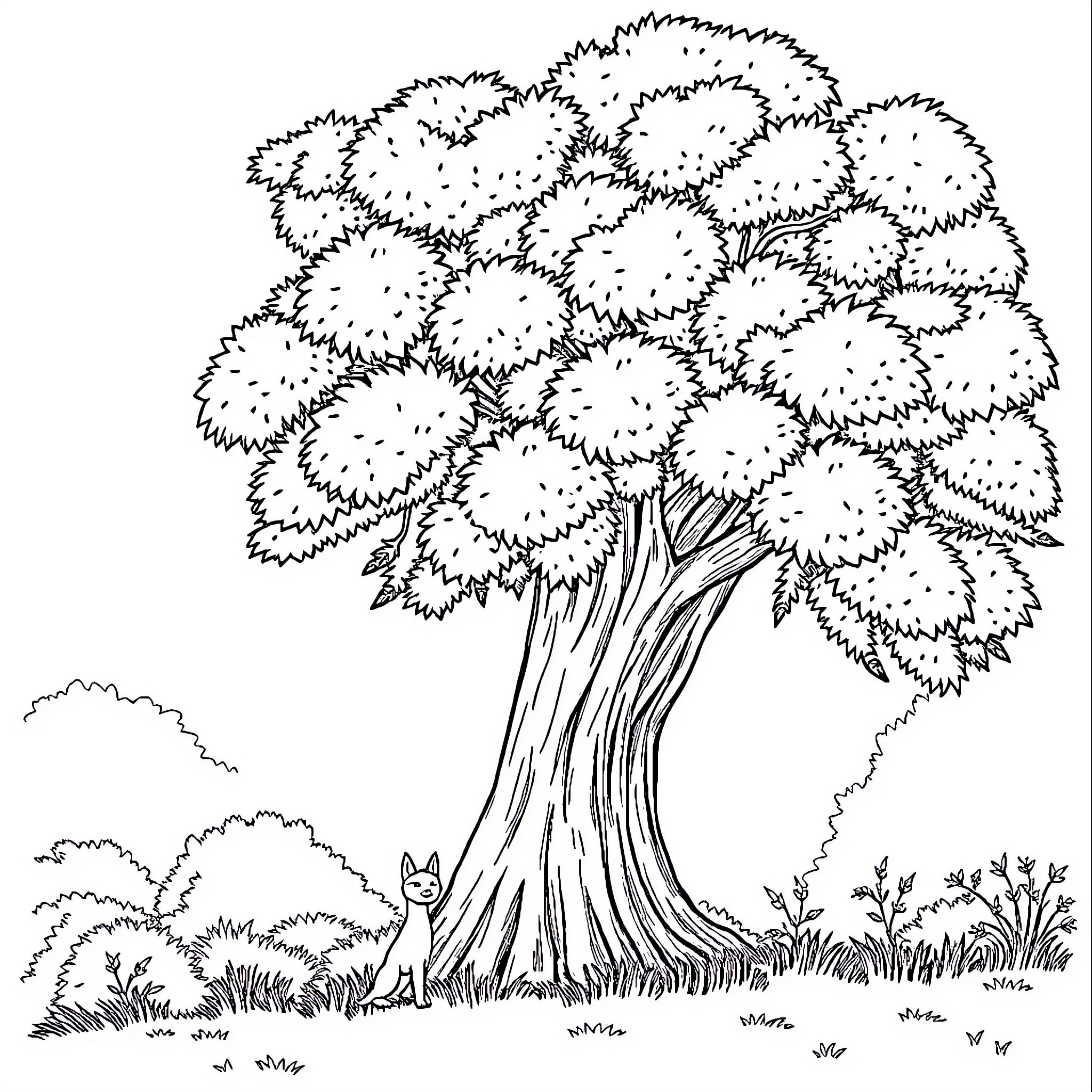Kuromi sitting under a large tree Coloring Page (free black-and-white line drawing printable PDF for all, from beginners to advanced learners, including children, teens, adults, and seniors)