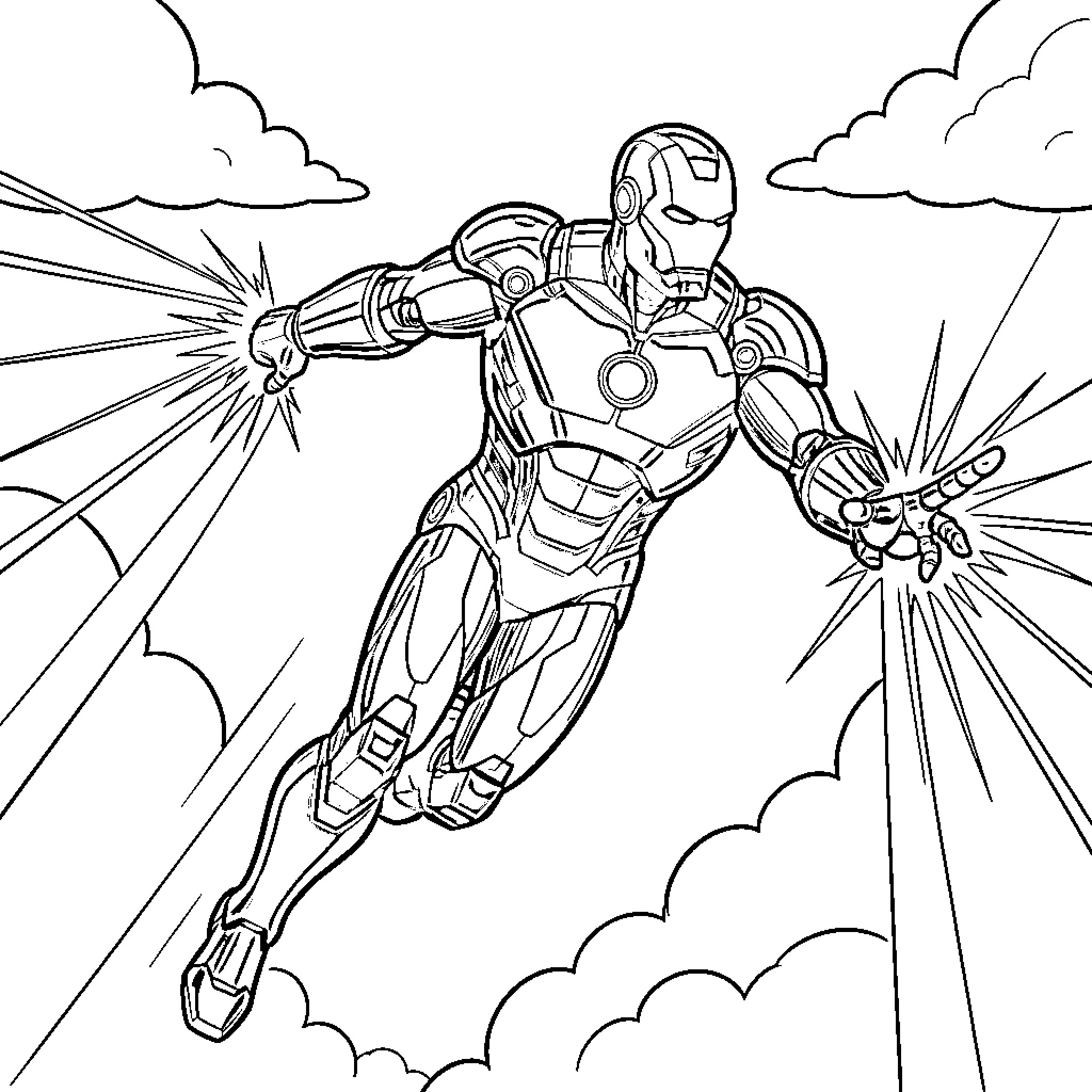 Ironman blasting through the sky in action Coloring Page (free black-and-white line drawing printable PDF for all, from beginners to advanced learners, including children, teens, adults, and seniors)