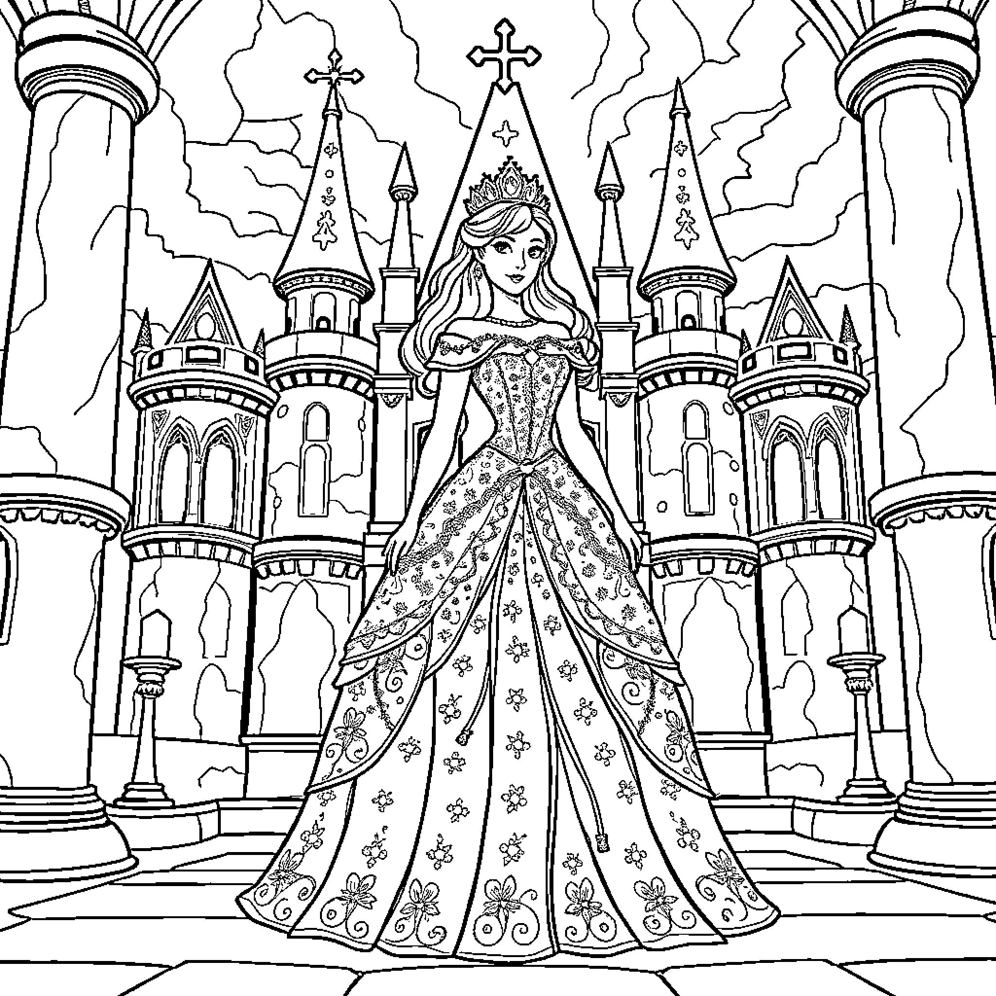 Princess in Elegant Dress at Magical Palace Coloring Page (free black-and-white line drawing printable PDF for all, from beginners to advanced learners, including children, teens, adults, and seniors)