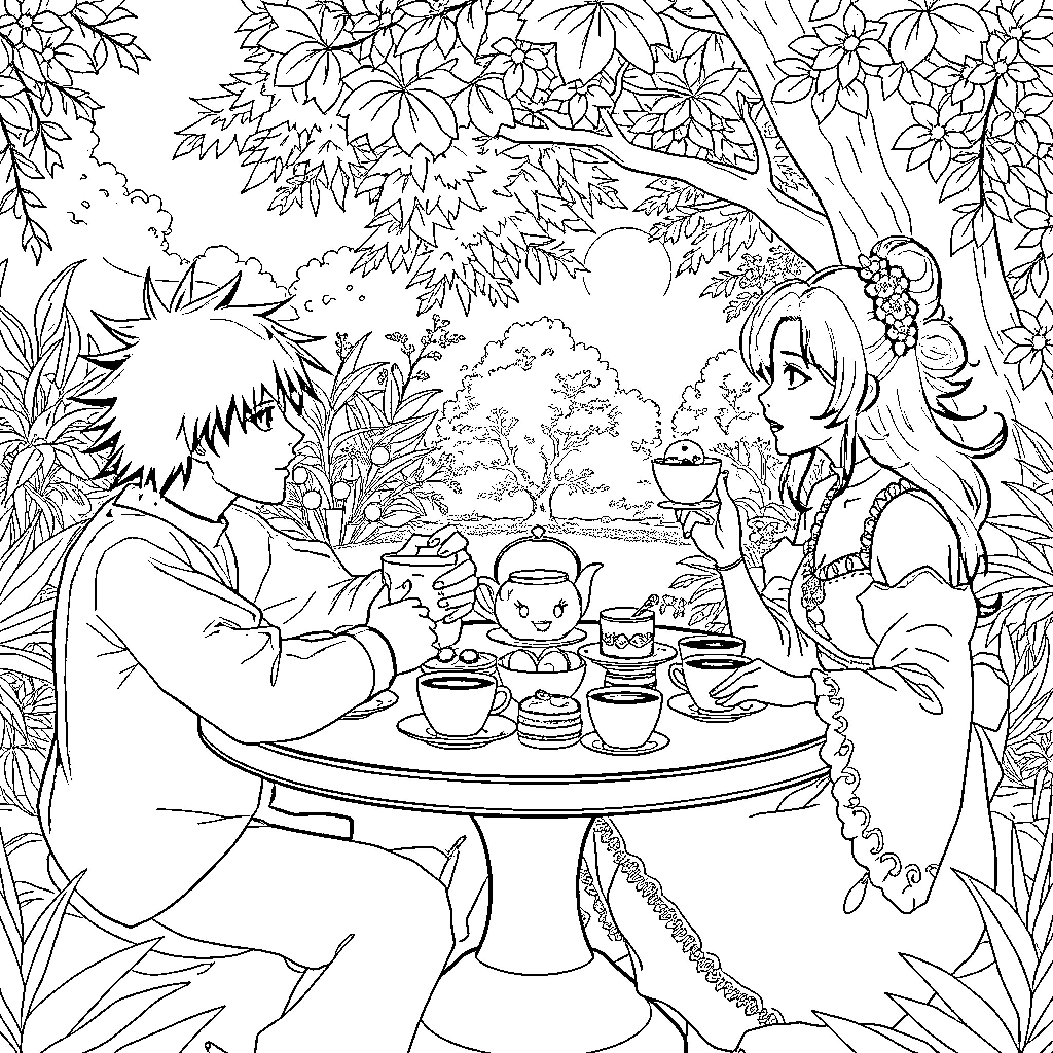 Zuko's Woodland Tea Party Coloring Page (free black-and-white line drawing printable PDF for all, from beginners to advanced learners, including children, teens, adults, and seniors)