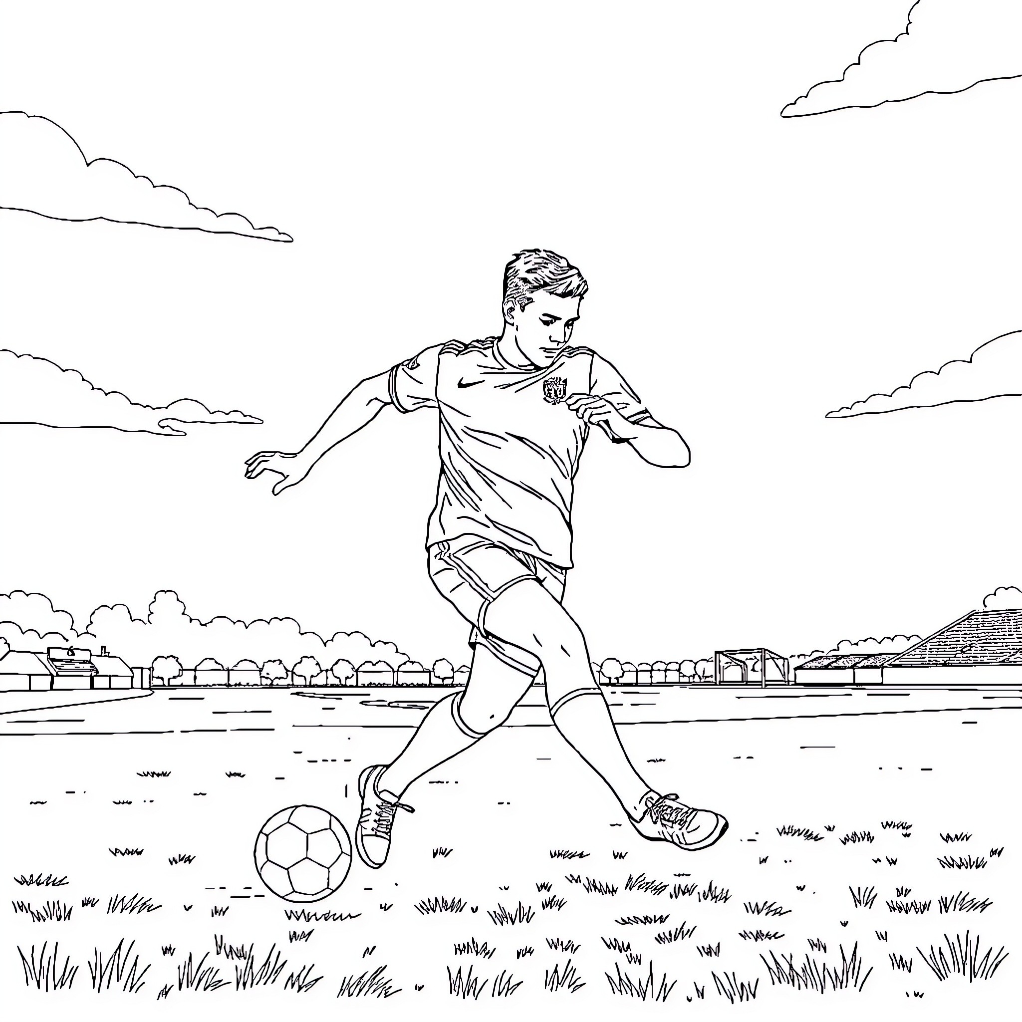 Man playing soccer in the park Coloring Page (free black-and-white line drawing printable PDF for all, from beginners to advanced learners, including children, teens, adults, and seniors)