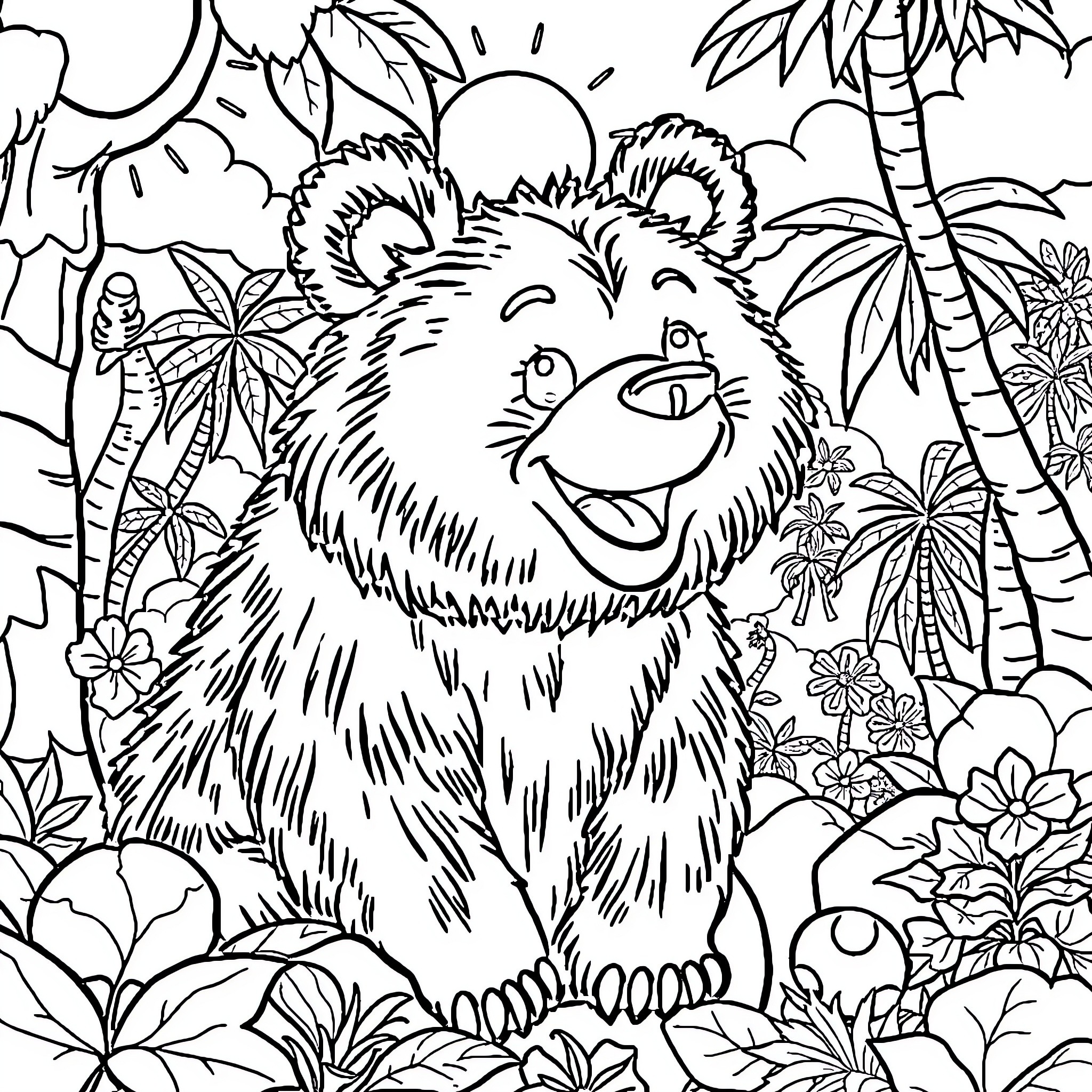 Bear exploring the tropical jungle Coloring Page (free black-and-white line drawing printable PDF for all, from beginners to advanced learners, including children, teens, adults, and seniors)