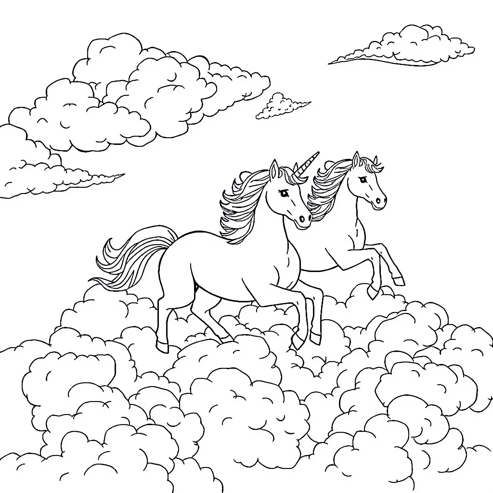Unicorn siblings frolicking in the clouds Coloring Page (free black-and-white line drawing printable PDF for all, from beginners to advanced learners, including children, teens, adults, and seniors)