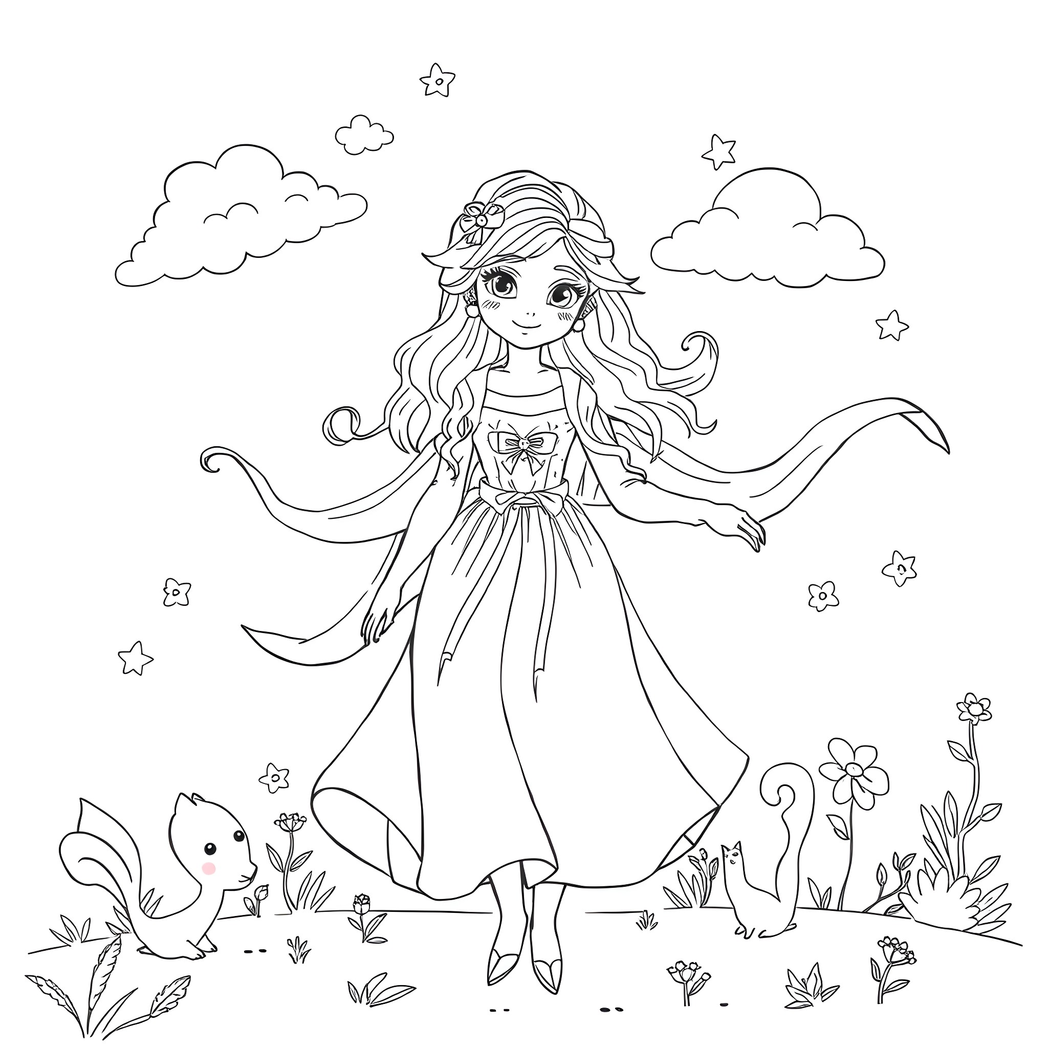 Anna Kendrick in a beautiful princess dress Coloring Page (free black-and-white line drawing printable PDF for all, from beginners to advanced learners, including children, teens, adults, and seniors)