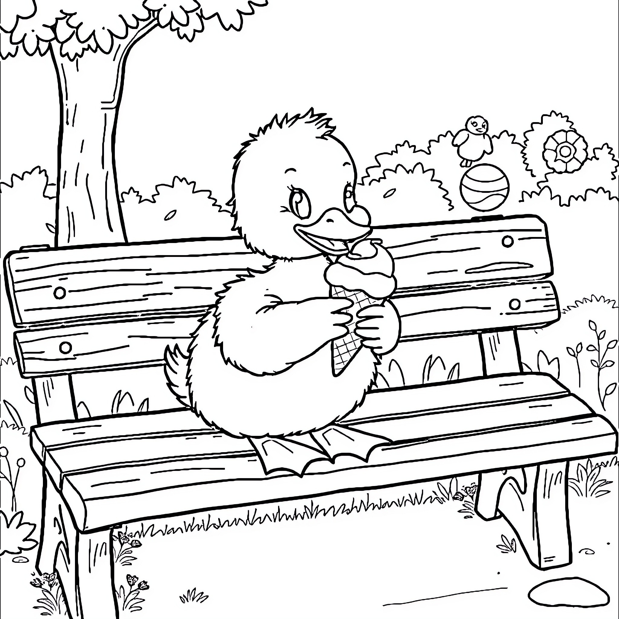 Duck sitting on a park bench Coloring Page (free black-and-white line drawing printable PDF for all, from beginners to advanced learners, including children, teens, adults, and seniors)