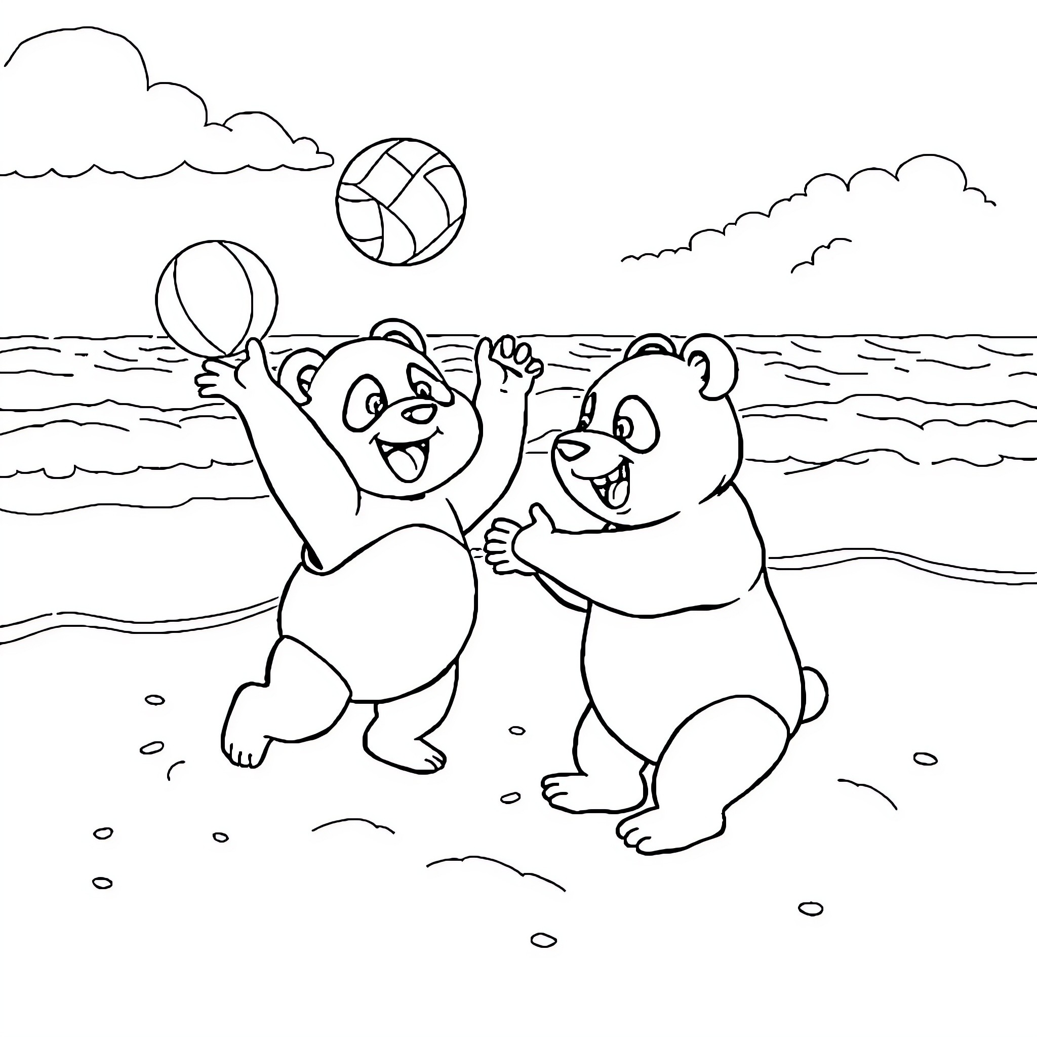 Panda friends playing with beach ball on the shore Coloring Page (free black-and-white line drawing printable PDF for all, from beginners to advanced learners, including children, teens, adults, and seniors)