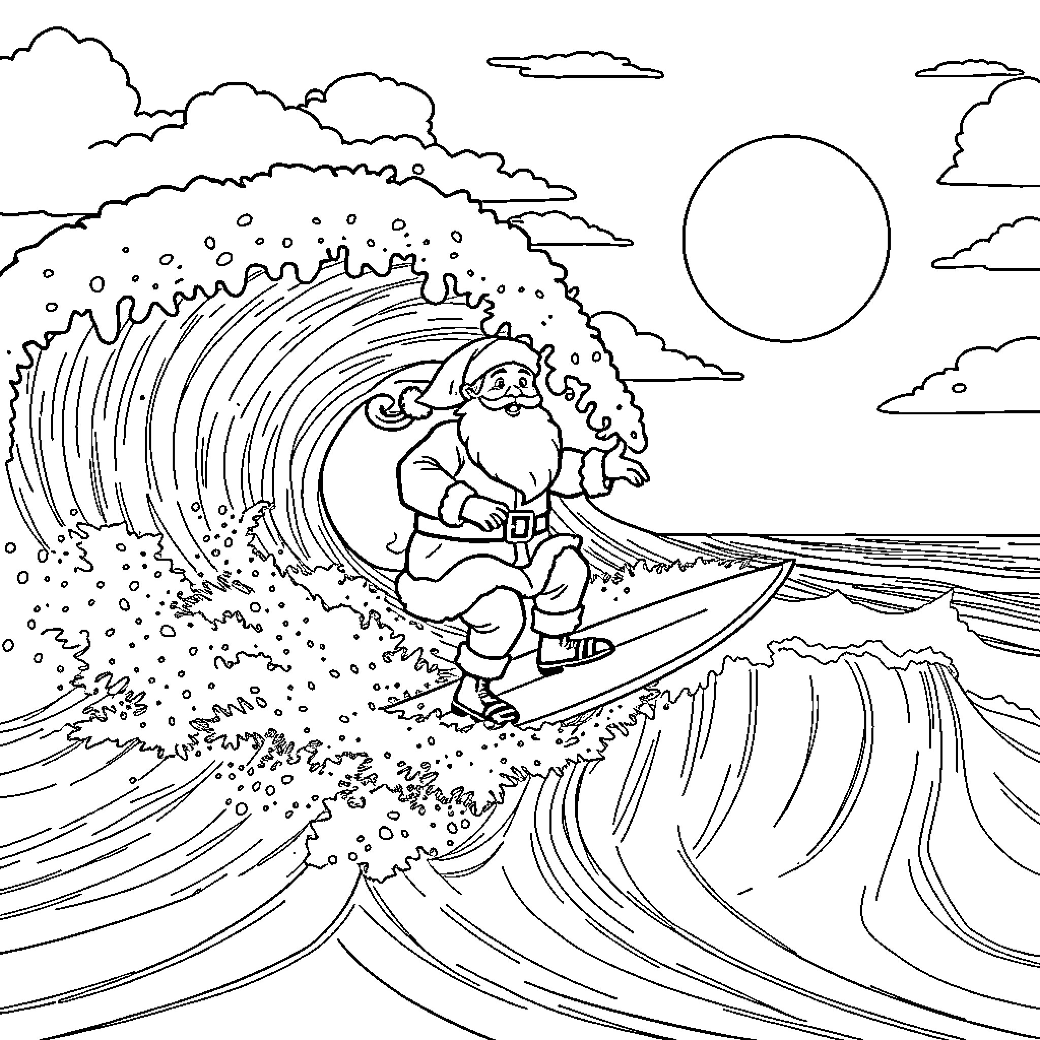 Santa surfing on giant wave in the moonlight Coloring Page (free black-and-white line drawing printable PDF for all, from beginners to advanced learners, including children, teens, adults, and seniors)