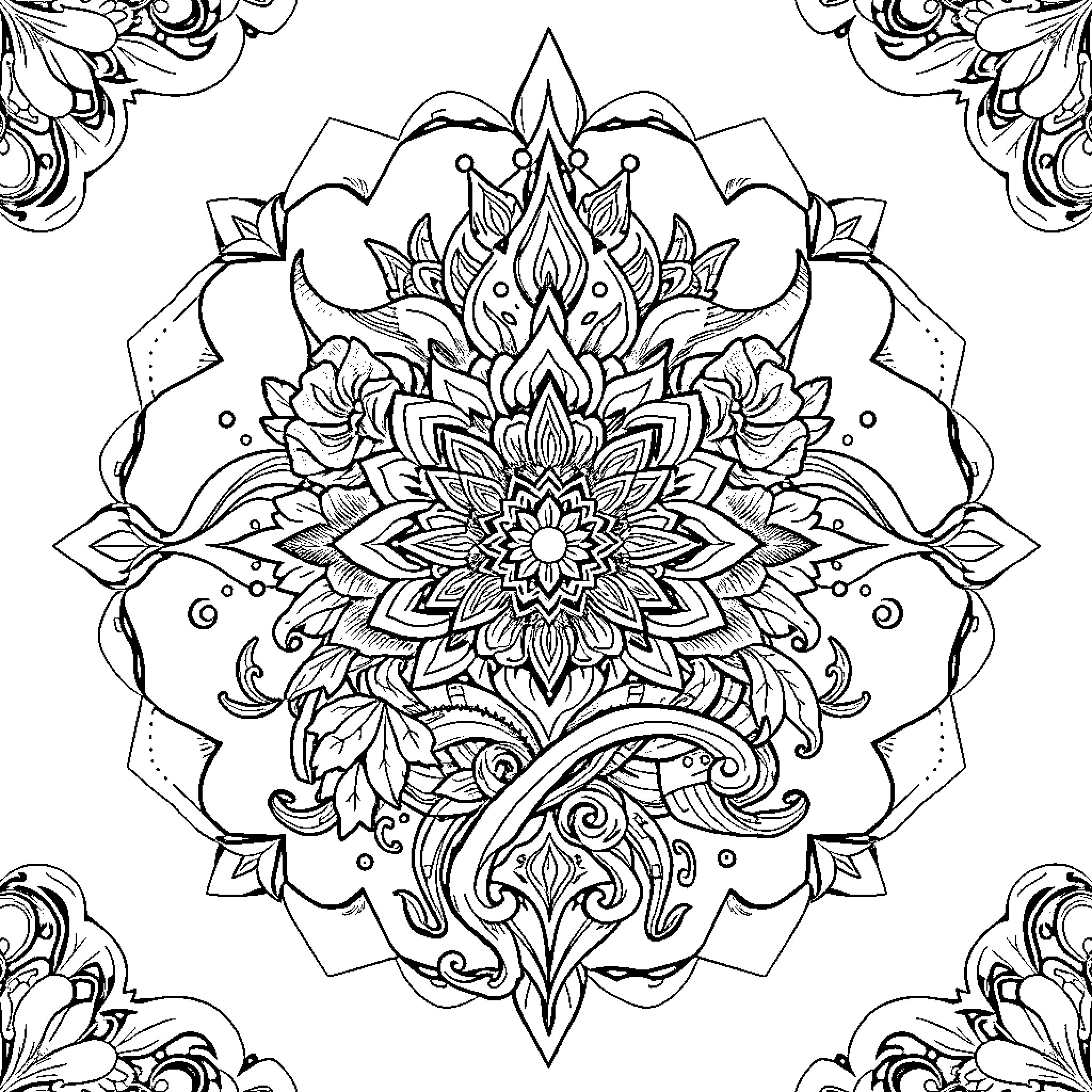 Tattoo of intricate floral mandala design Coloring Page (free black-and-white line drawing printable PDF for all, from beginners to advanced learners, including children, teens, adults, and seniors)