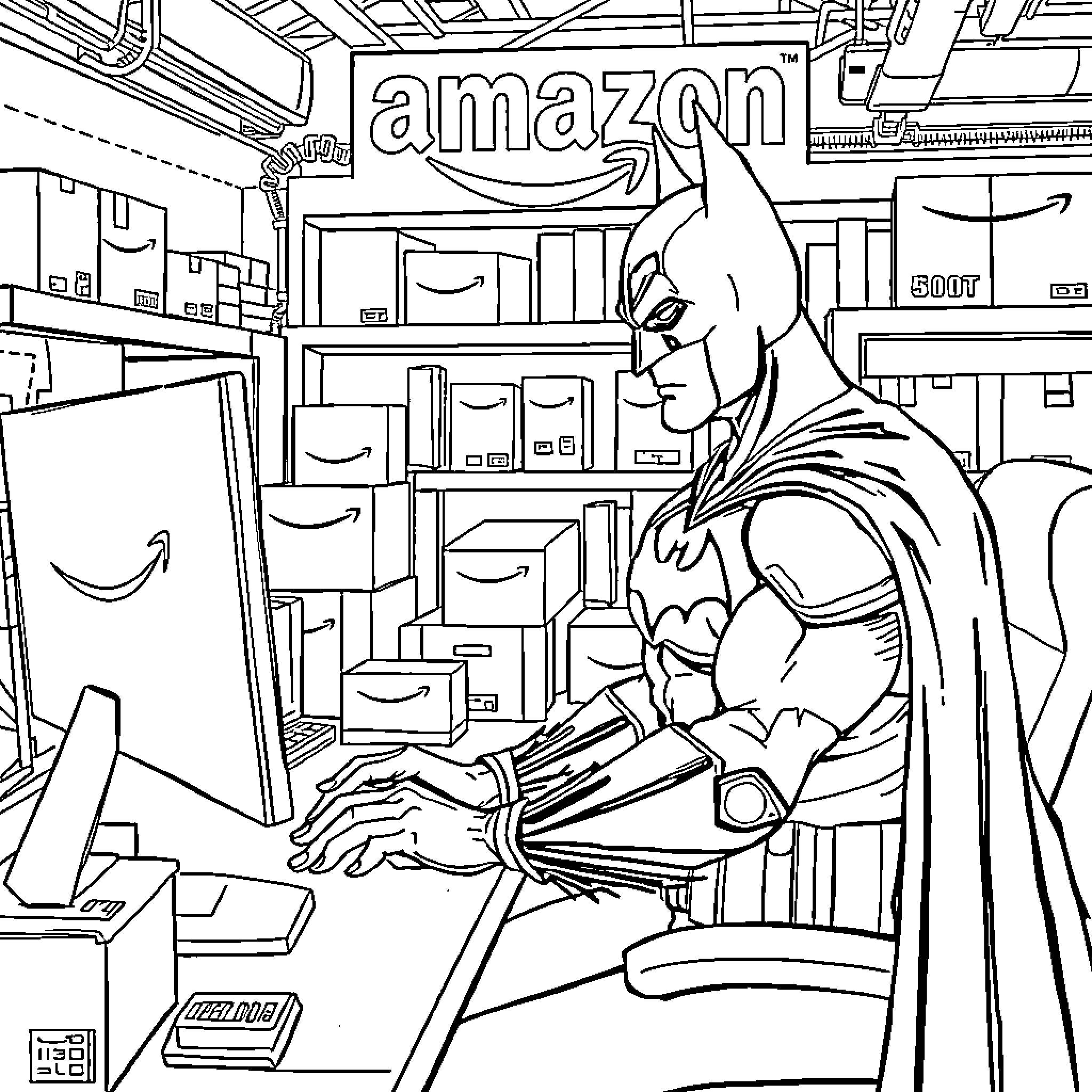 Batman Working at Amazon Warehouse Coloring Page (free black-and-white line drawing printable PDF for all, from beginners to advanced learners, including children, teens, adults, and seniors)