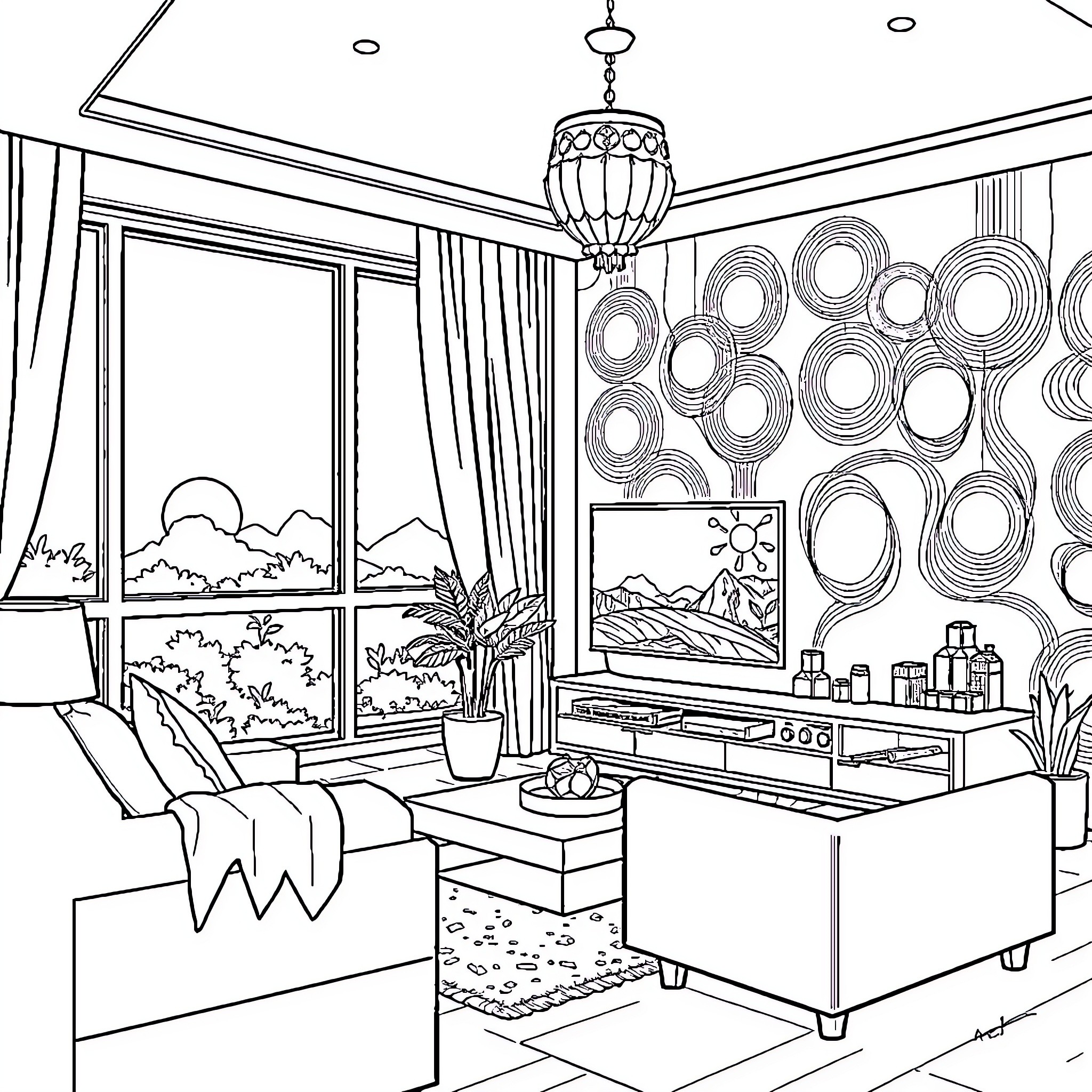 TV Living Room with Elegant Decor and Scenery Coloring Page (free black-and-white line drawing printable PDF for all, from beginners to advanced learners, including children, teens, adults, and seniors)