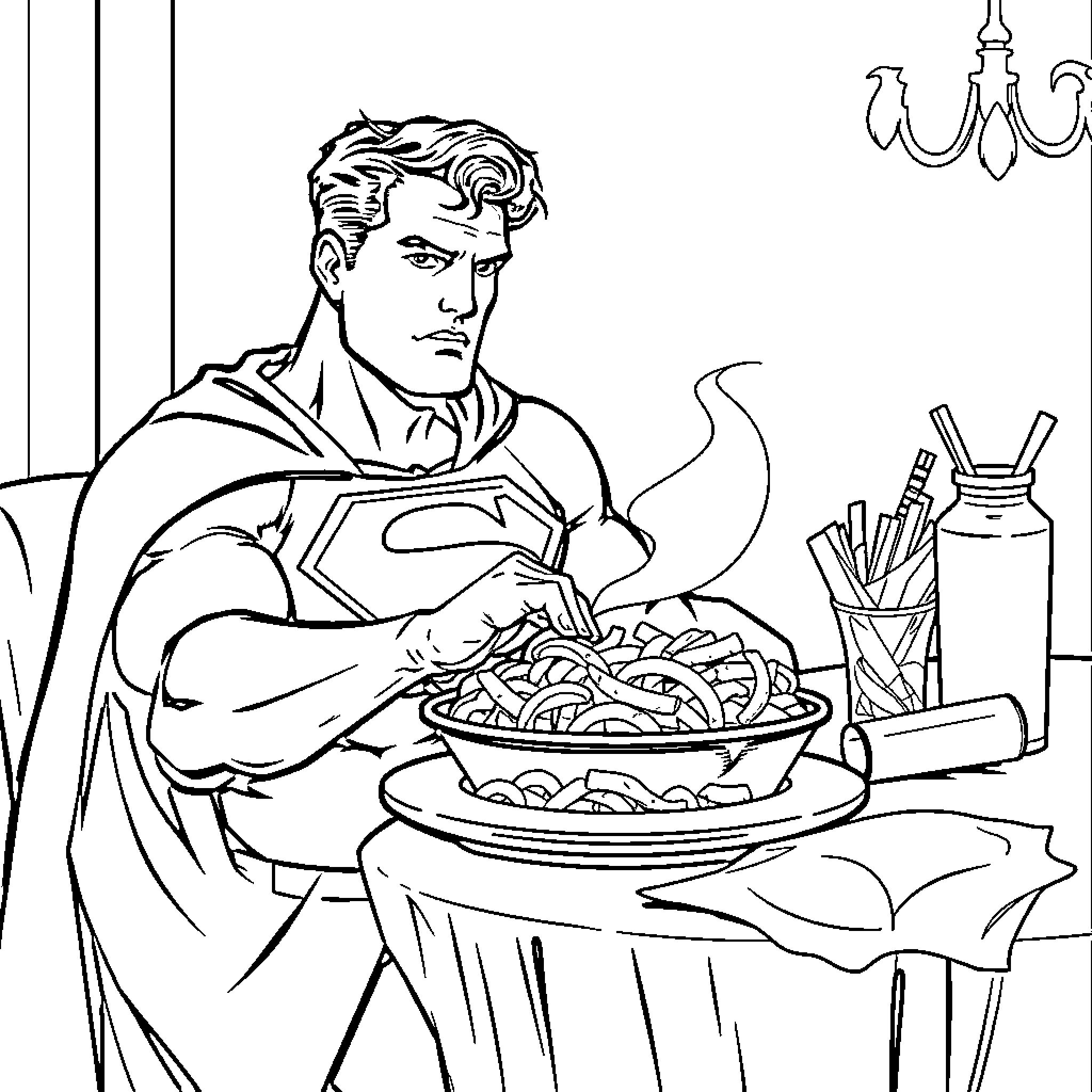 Superman eating a meal in his home Coloring Page (free black-and-white line drawing printable PDF for all, from beginners to advanced learners, including children, teens, adults, and seniors)