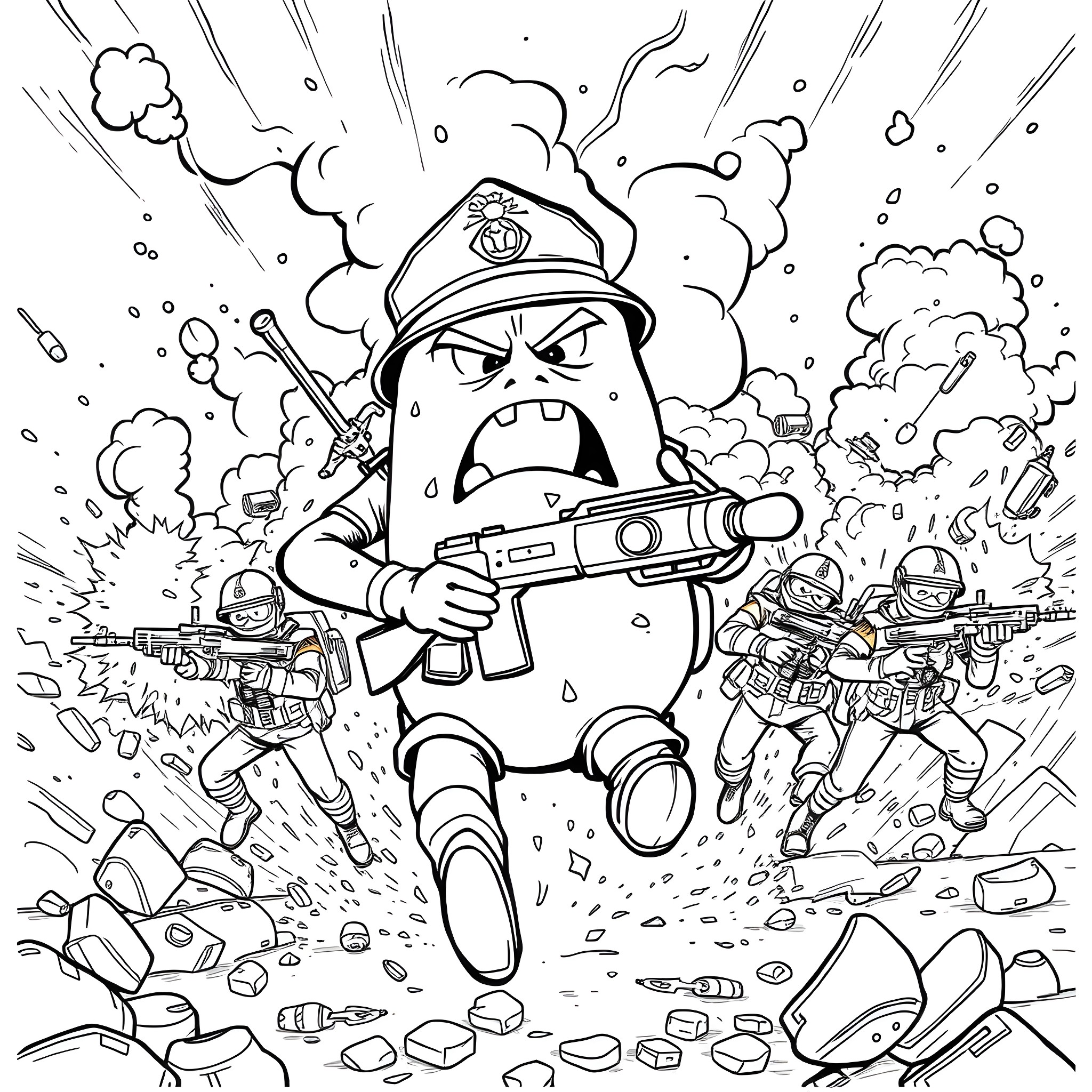 Potato soldier fighting against enemy forces in combat Coloring Page (free black-and-white line drawing printable PDF for all, from beginners to advanced learners, including children, teens, adults, and seniors)