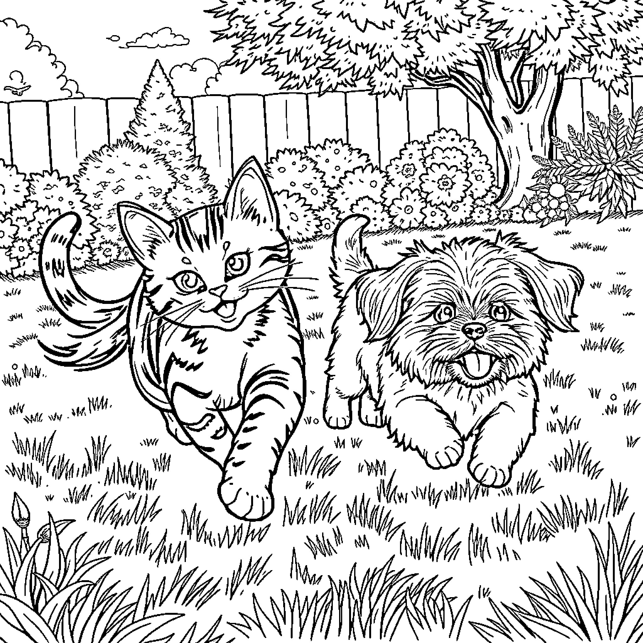 Cat and dog playing in the backyard Coloring Page (free black-and-white line drawing printable PDF for all, from beginners to advanced learners, including children, teens, adults, and seniors)