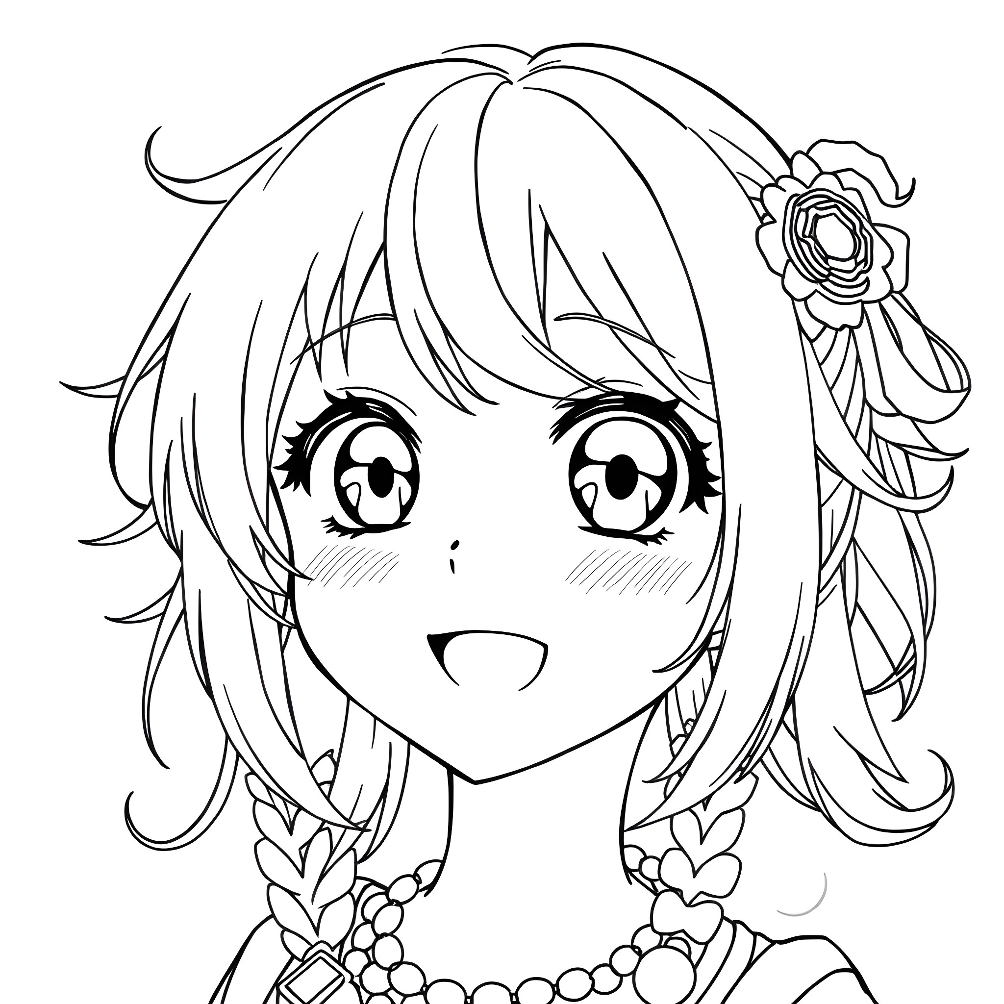 Anime Girl with Floral Accessories and Expressive Face Coloring Page (free black-and-white line drawing printable PDF for all, from beginners to advanced learners, including children, teens, adults, and seniors)