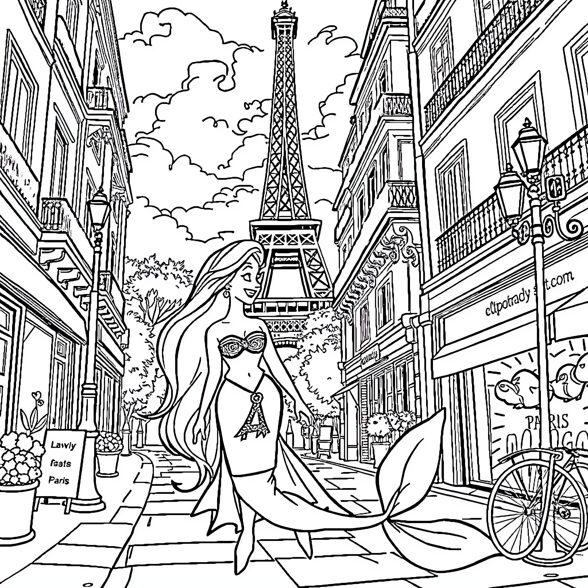 Ariel's Parisian Adventure Coloring Page (free black-and-white line drawing printable PDF for all, from beginners to advanced learners, including children, teens, adults, and seniors)