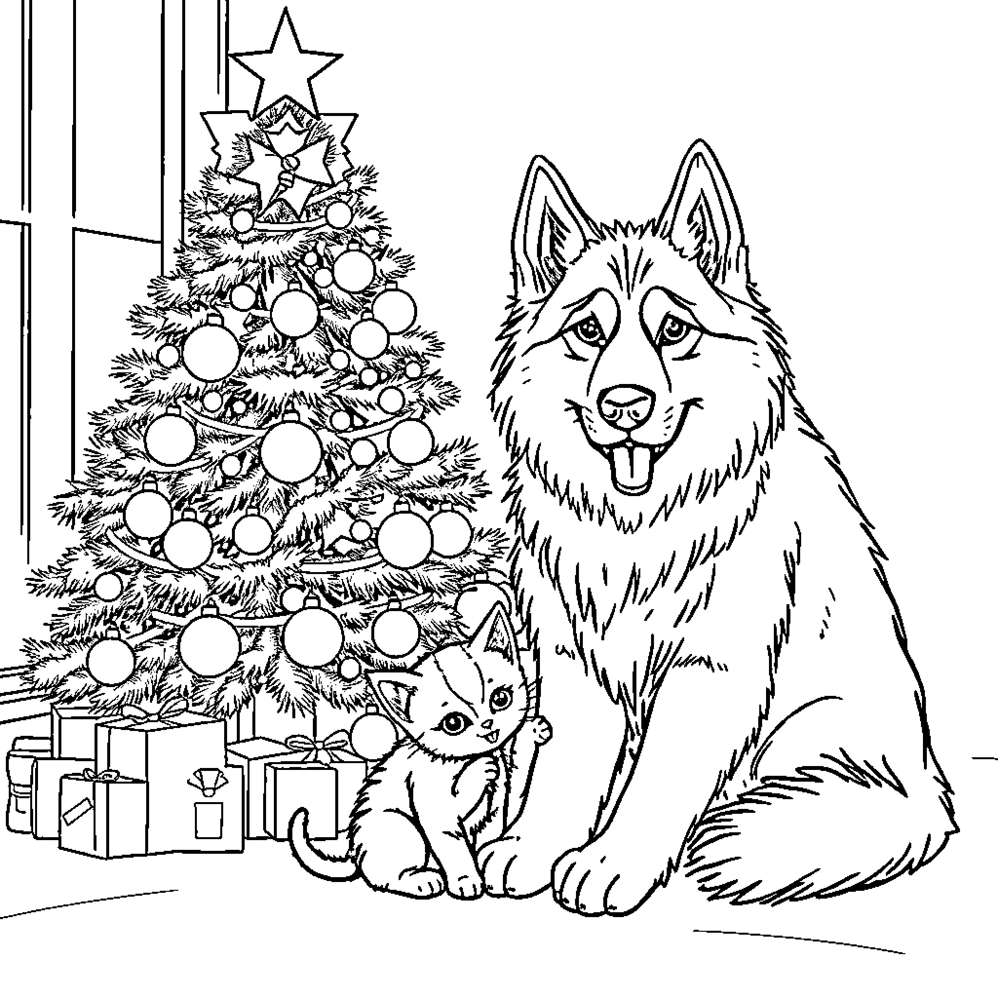 Husky and cat enjoying the Christmas tree Coloring Page (free black-and-white line drawing printable PDF for all, from beginners to advanced learners, including children, teens, adults, and seniors)