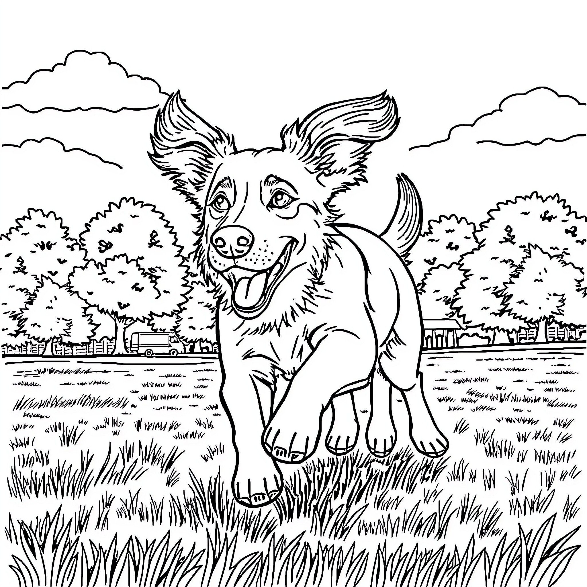 Dog joyfully frolicking in a scenic meadow Coloring Page (free black-and-white line drawing printable PDF for all, from beginners to advanced learners, including children, teens, adults, and seniors)