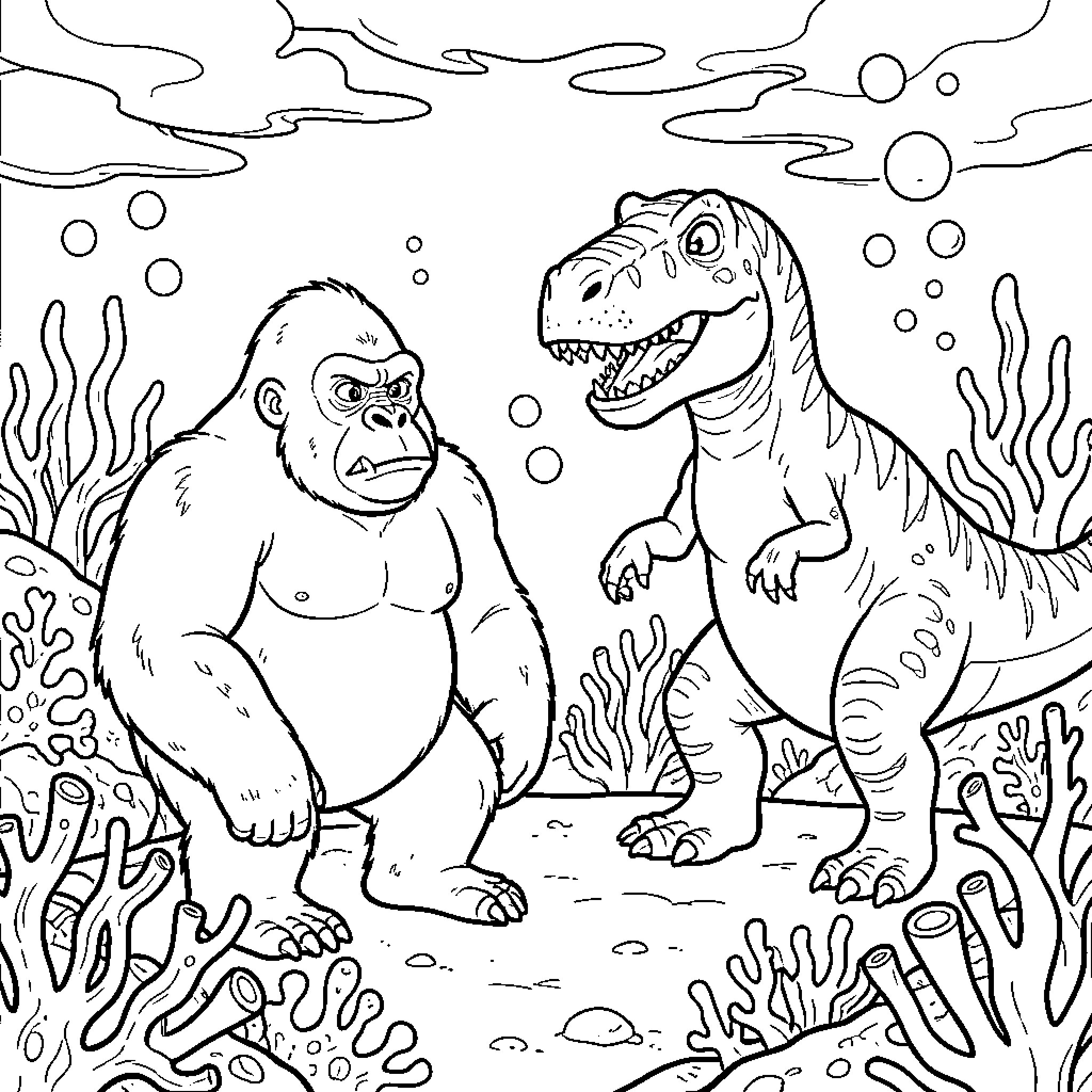 Gorilla and dinosaur meeting in an underwater scene Coloring Page (free black-and-white line drawing printable PDF for all, from beginners to advanced learners, including children, teens, adults, and seniors)