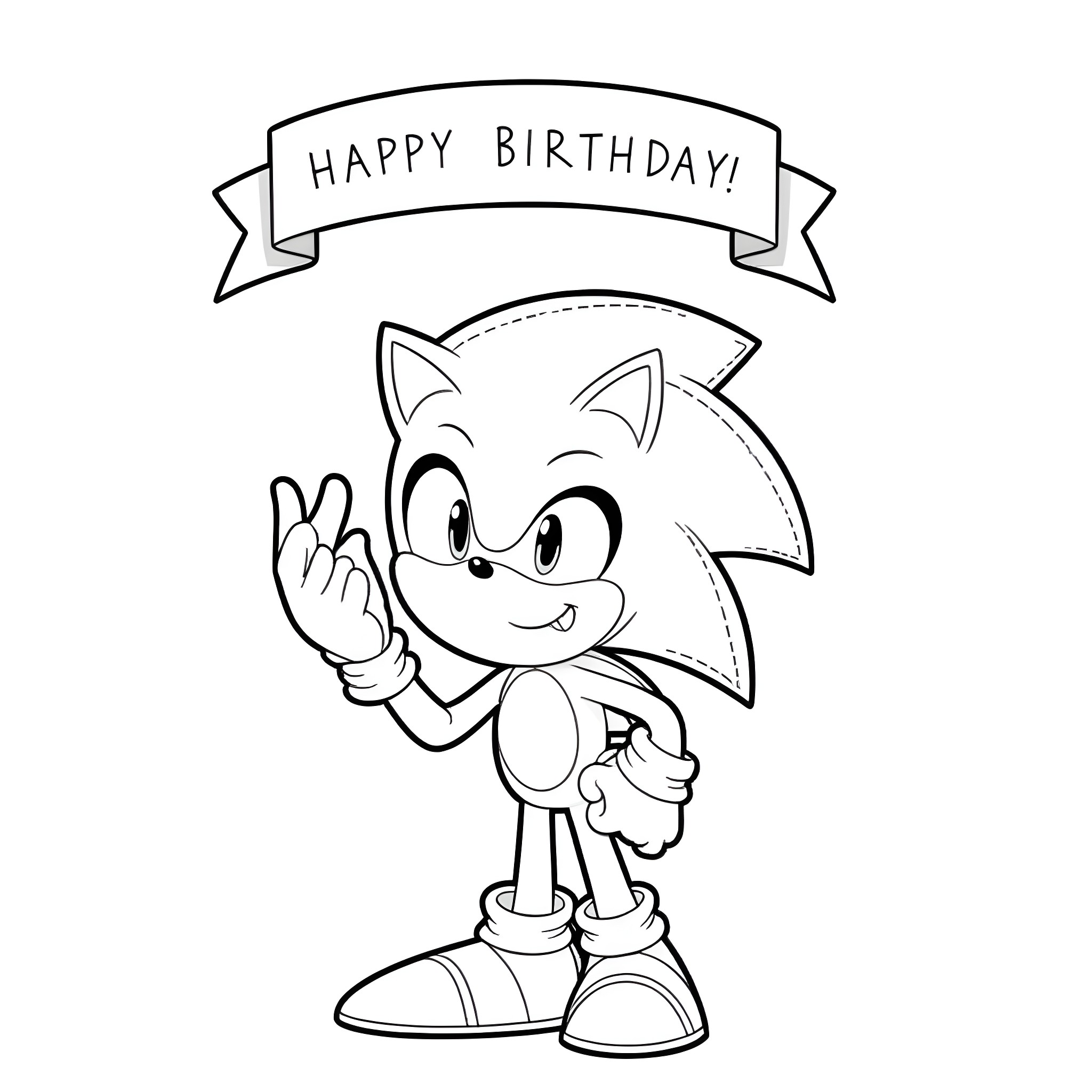 ShinSonic Character Celebrating Happy Birthday Coloring Page (free black-and-white line drawing printable PDF for all, from beginners to advanced learners, including children, teens, adults, and seniors)