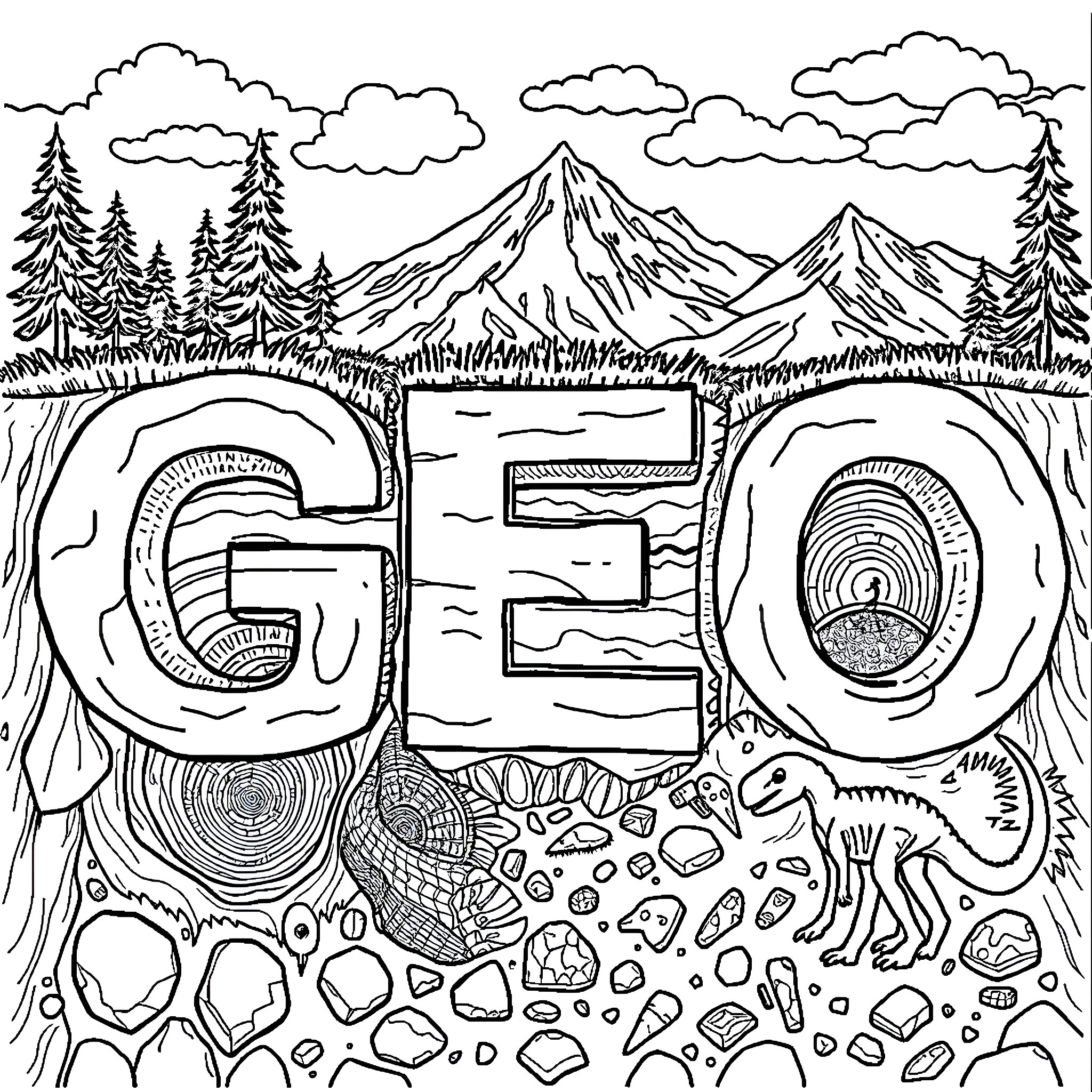 GEO Wilderness Landscape with Carved Letters Coloring Page (free black-and-white line drawing printable PDF for all, from beginners to advanced learners, including children, teens, adults, and seniors)
